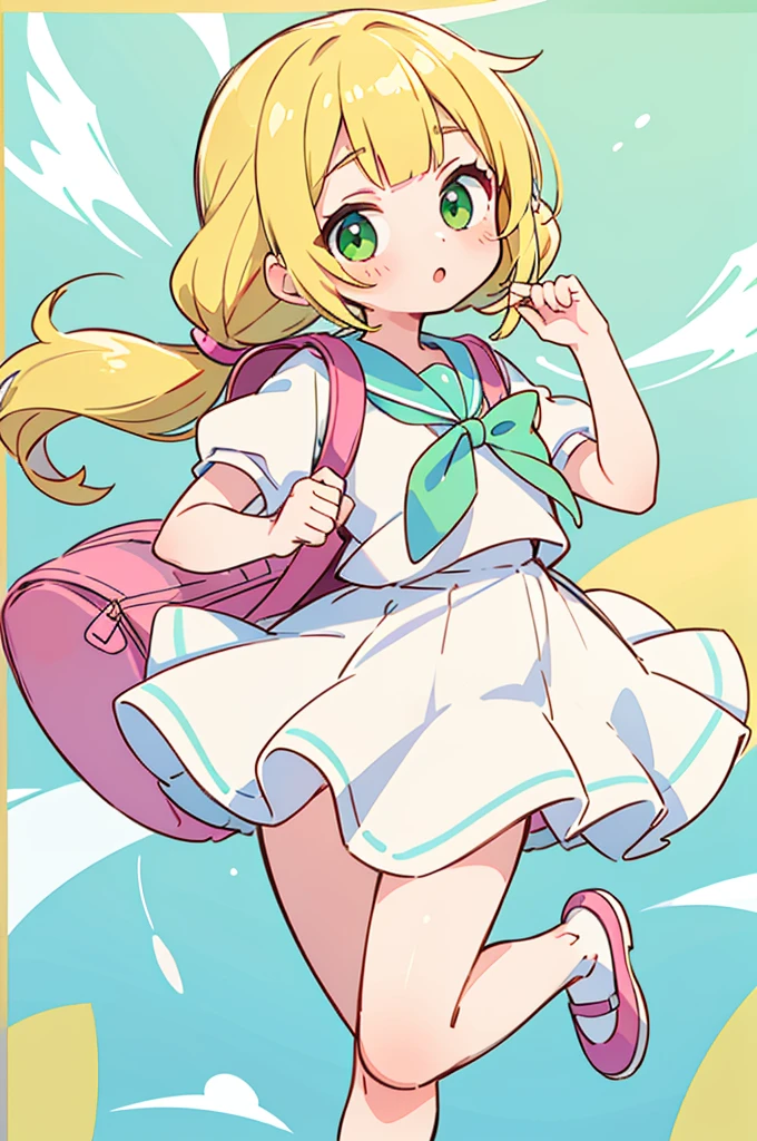 Liliye,Pose to do your best,White sailor suit,raise the right leg,girl with,a blond,green colored eyes,a miniskirt,Iridescent background,poneyTail,shortsleeves,Dynamism,Pink rucksack,kawaii