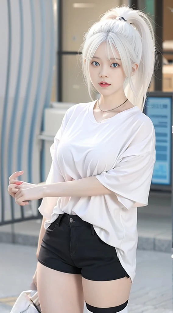 photorealistic, high resolution, 1 girl, white hair, korean, blue eyes, white shirt, skimpy tight black shorts, thick thighs