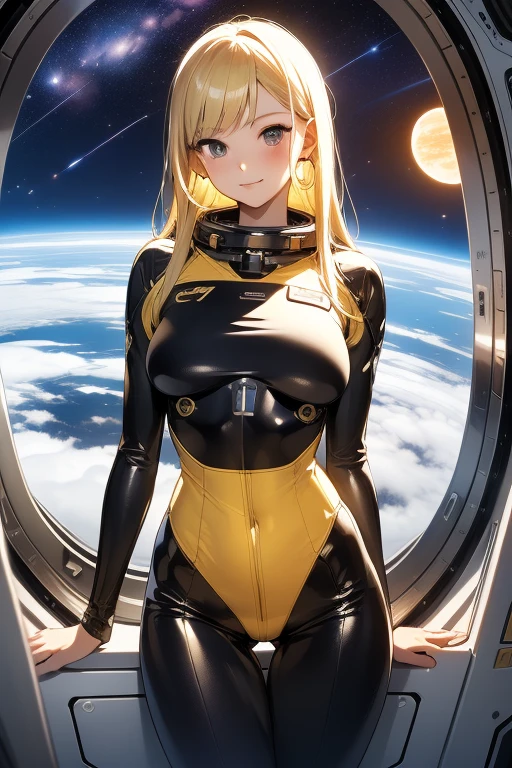 (masterpiece, best quality:1.2), (cowboy shot:1.1), solo, 1girl, mori yuki, slight smile, closed mouth, looking at viewer, blonde hair, thigh gap, yellow bodysuit, skin-tight, perfect body, belt, long blonde hair, large window, (starship porthole:1.3), from front, (spread legs:1.3), (standing:1.1), thigh gap, perfect hands, bright starship interior, (outer space view:1.1), (orbital view:1.3), (night, stary sky:1.5), milky way
