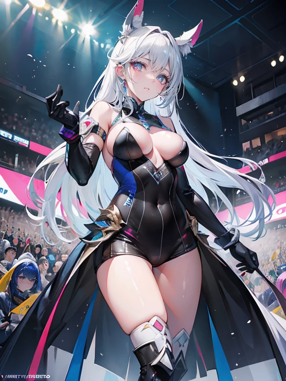 Unreal Engine 5 Realistic Rendering, Cosplayer, randome pose, race queen、Uniforme com logotipo、 Beleza requintada、beautiful face, Forma do corpo do modelo slim, Seios colossais, reluzente, wet reluzente body, pele castanha escura, Neons、Large crowds、audience、Formando um imperador、Arraste Circuito de Corrida Racinidsommar、carro de corrida、Grau inferior、crowd、Espectadores、