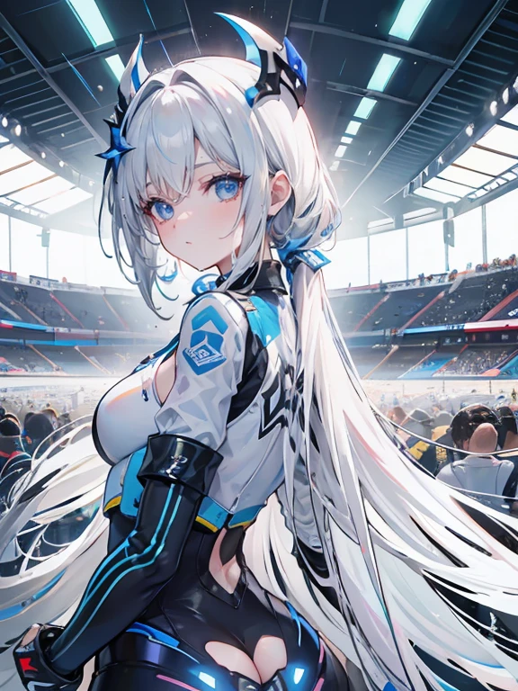 Unreal Engine 5 Realistic Rendering, Cosplayer, randome pose, race queen、Uniforme com logotipo、 Beleza requintada、beautiful face, Forma do corpo do modelo slim, Seios colossais, reluzente, wet reluzente body, pele castanha escura, Neons、Large crowds、audience、Formando um imperador、Arraste Circuito de Corrida Racinidsommar、carro de corrida、Grau inferior、crowd、Espectadores、