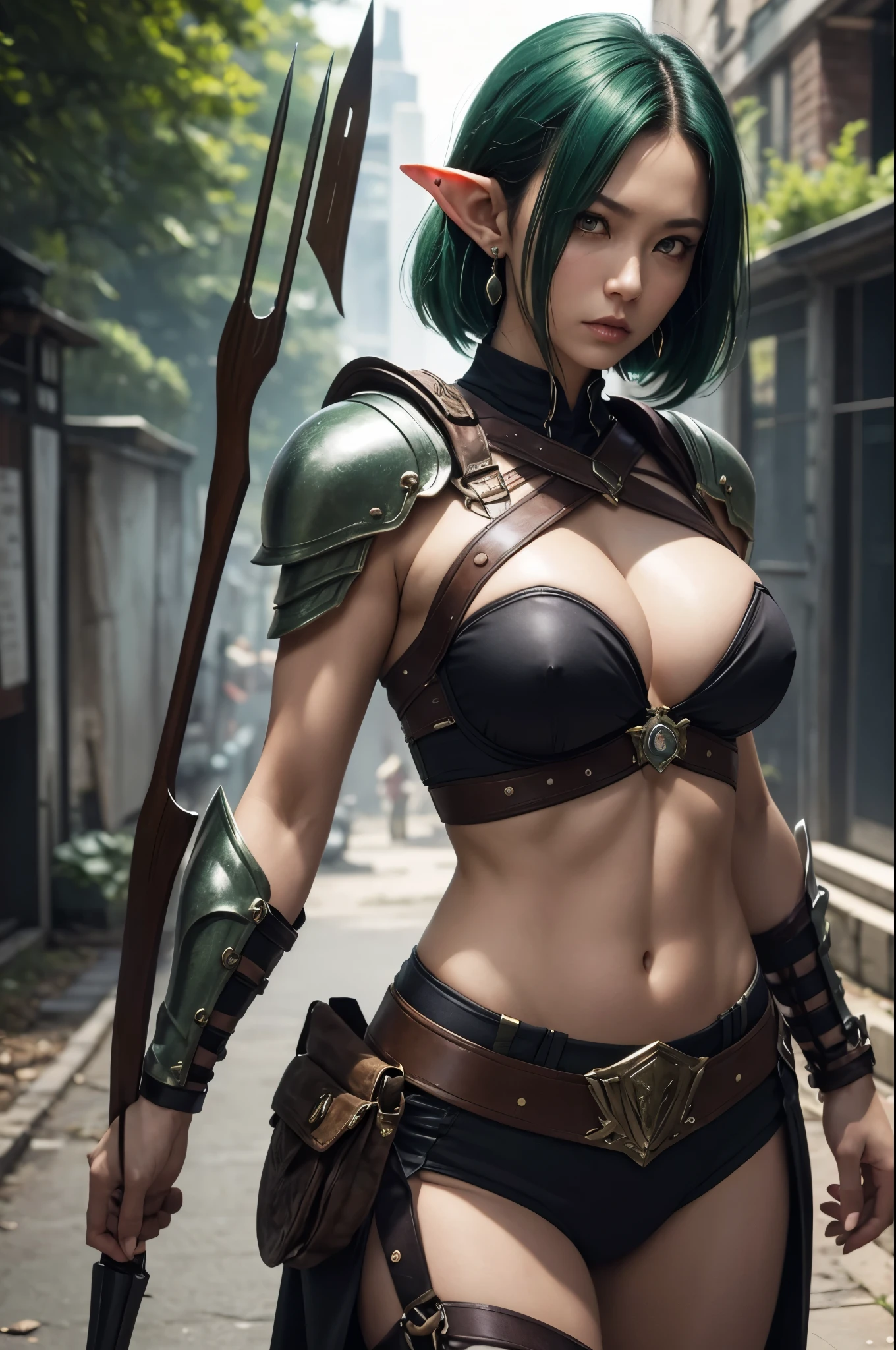 8K,(masutepiece, Best Quality) Lelianada, mature woman in her 30s, Solo,Super beauty(Like the real thing) large full breasts リアルな肌,Looking at Viewer, Short hair, green mohawk hair, cleavage, Jewelry,  large full breasts,Upper body, whole body,arma,earrings,armor,Hair over one eye,Green eyes,long elf ears,shoulder armor,Realistic,arrow\(projectile\), Shoulder pads, arrow筒.超A high resolution,Masterpiece,A hyper-realistic,Fantasyart,curacter art,cinestill 800,alluring glance,A sexy,a closeup,combat scene,action scene,actionpose,Rugged look,Glaring at the viewer,A sexyな衣装,Slender and muscular body,Split abs,long thin muscular legs,