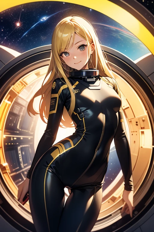 (masterpiece, best quality:1.2), (cowboy shot:1.1), solo, 1girl, mori yuki, slight smile, closed mouth, looking at viewer, blonde hair, thigh gap, yellow bodysuit, skin-tight, perfect body, belt, long blonde hair, large window, (starship porthole:1.3), from front, (spread legs:1.3), (standing:1.1), thigh gap, perfect hands, bright starship interior, (outer space view:1.1), (orbital view:1.3), (night, stary sky:1.5), milky way