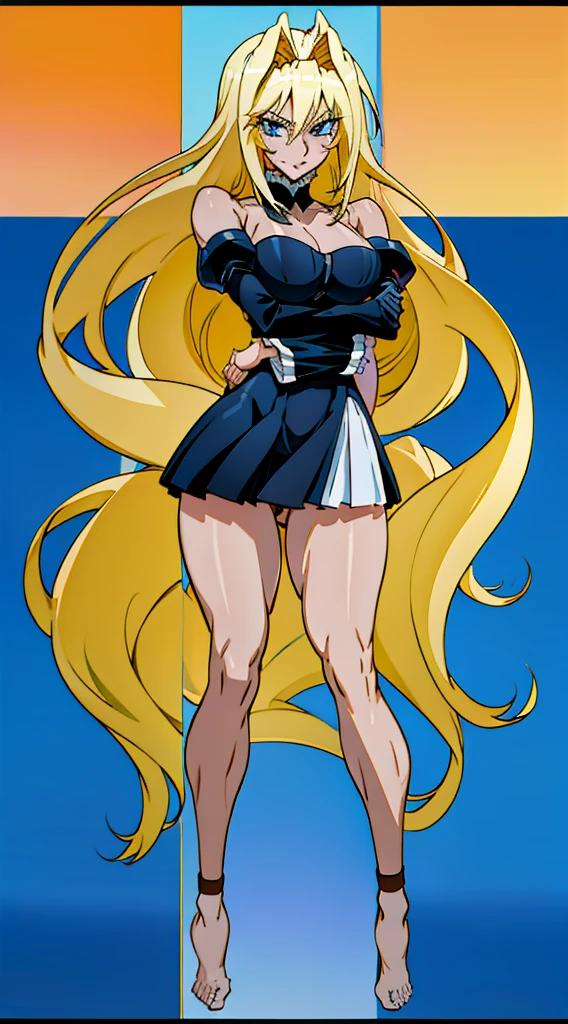 Tsukiumi, sunburnt skin, shapely toned body, long blonde hair, tall model-esque european beauty, muscled thick thighs, criss-cross Black form-fitting dress, thick calves, bursting breasts, humongous big butt, gold bracelets, makeup, anklet, detailed body, ((full body, perspective, 8k, detailed face, uhd, detailed blue eyes highres, high quality, absurdres, masterpiece)), waterbending, bow, beach, arm warmers, bare shoulders