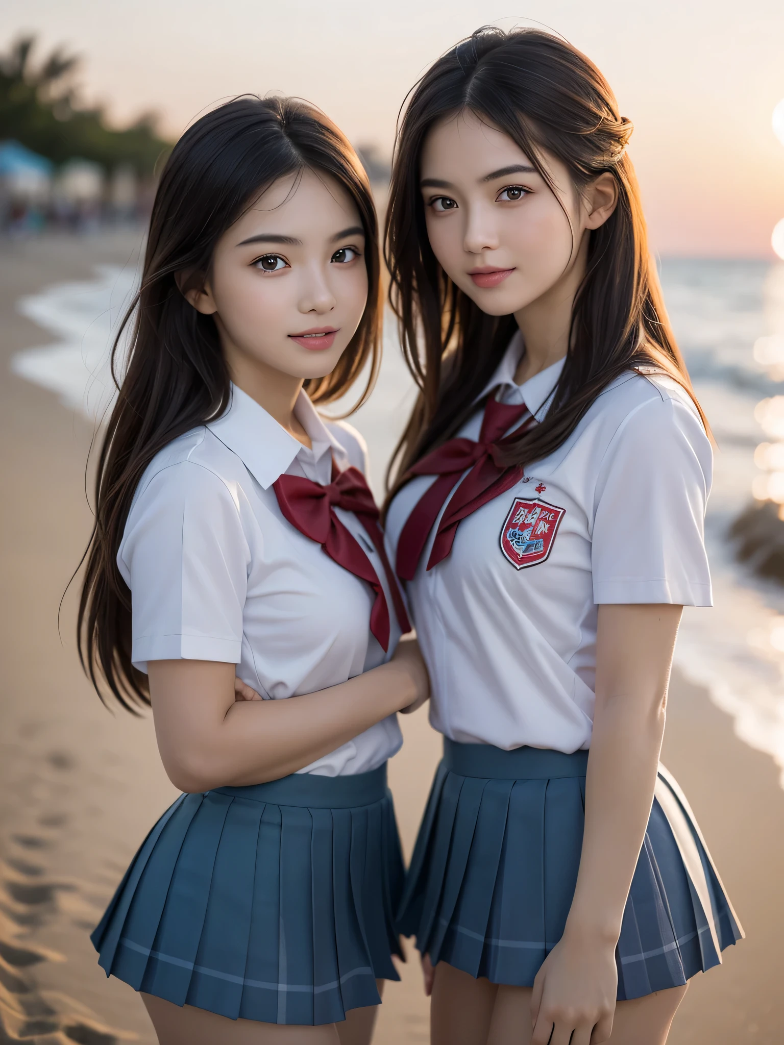 (2girls:1.3), (extremely detailed beautiful face), Amazing face and eyes, (Best Quality:1.4), (Ultra-detailed), (extremely detailed CG unified 8k wallpaper), Highly detailed, High-definition raw color photos, Professional Photography, Realistic portrait, Amazing face and eyes, Pink eyes, (High School Uniform, Pleated mini-skirt:1.3), double buns, Brown hair, Model, shyly smile, depth of fields, Beach, Twilight, Sunset,