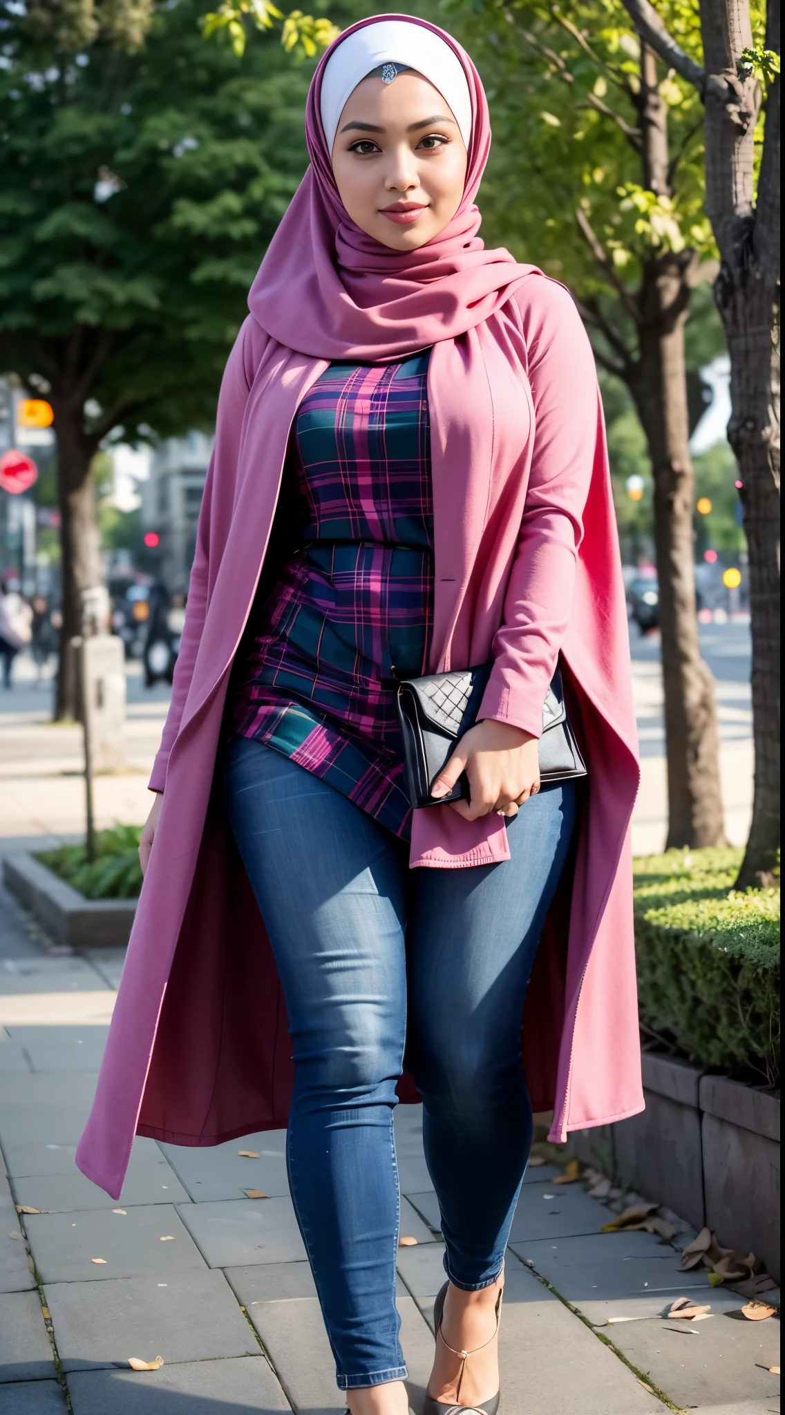RAW, Best quality, high resolution, masterpiece: 1.3), beautiful Malay woman in hijab, Masterpiece, perfect body, Big breasts, thick thighs, beautiful big eyes, mole under the eyes, long eyelashes, big eyes, Soft smile, woman in a pink hijab and jeans stands in a city garden, detailed picture, tartan garment, h 576, long tunic, h 7 0 4, hijab, islamic, e621, doruk erdem, femme, tunic, women full body, checkered motiffs, modern casual clothing, chequered cape, full body picture, illustrious clothes  Soft turtleneck, evening walk, City park, Great lighting, Bright colors, Clean lines