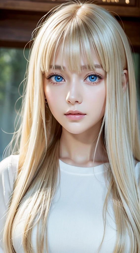 Beautiful 16 year old girl nature photo, wear a loose-fitting crop top, Super long blonde hair, disheveled bangs above the eyes,、Fluffy, Realistic platinum blonde hair that shines in gold、Super long hair as beautiful as silk、bright expression、Large bust, fix your gaze on the camera, large pale light blue eyes、very big eyes、eye shadow, symmetrical eye, Small face beauty、symmetry face, Photorealism, Photography, Pfadverfolgung, Mirror lighting, Volumetrisches Gesichtslicht, Hair traced in the past, Visible shadows, Convoluted, Expensive, Blank background、Gloss Face、Teak Gloss、White, young, shiny skin、cheek highlights、very beautiful cute face、