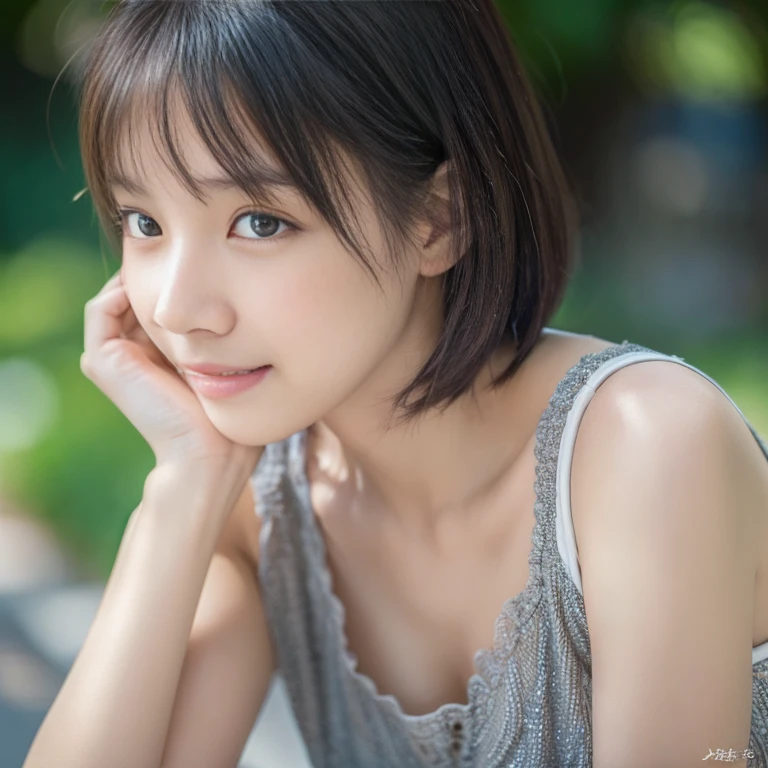 mix4, 20d, solo, short_hair, shirt, high_heels,full_body, look_at_viewer, (8k, RAW photography, top quality, masterpiece:1.2), (realistic, photorealistic:1.37), professional lighting, photon mapping, radiosity,physically based rendering,Ultra-realistic capture, Highly detailed, High resolution 16k close-up of human skin. Skin texture must be natural, With such detail that pores can be finely identified. Skin should look healthy, In a uniform tone. Use natural light and color,(Best Quality,4K,8K,hight resolution,masutepiece:1.2),Ultra-detailed,extremely detailed eye and face,Beautiful detailed eyes,Beautiful detailed lips,long eyelashes,((Realistic)),Photorealistic:1.37,japanes,fine-grained white skin,(shortpants),(tank top),beautiful and magnificent composition,masutepiece,Attractive,Cute,Dark blue high socks,((Silver hair color)),silky smooth and straight hair,Sharp Focus,outdoors on a sunny day,Smile,(with round face),(Healthy thighs),((Photographing the whole body)),((Full-body photography from a distance:1.4)),Hands on Hips,I'm straightening my back,