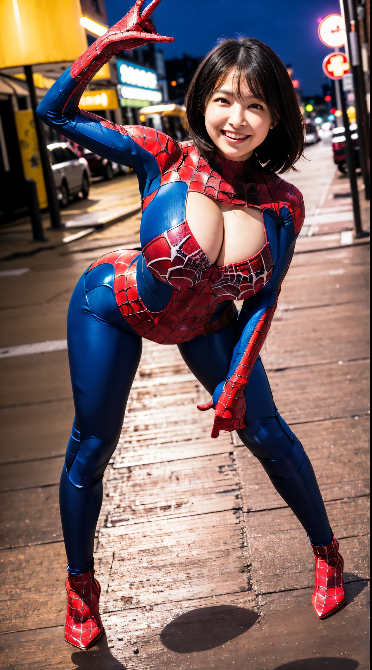 (in 8K、超A high resolution、Best Quality、masuter piece、Photorealsitic、The ultra -The high-definition)、(huge tit、爆乳、toned body、(Spider-Man costumes、Must be a full body suit、Hide all breasts)、New York City at night、Must have short black hair cut:1.35)A Japanese Lady、Super cute、pin heels