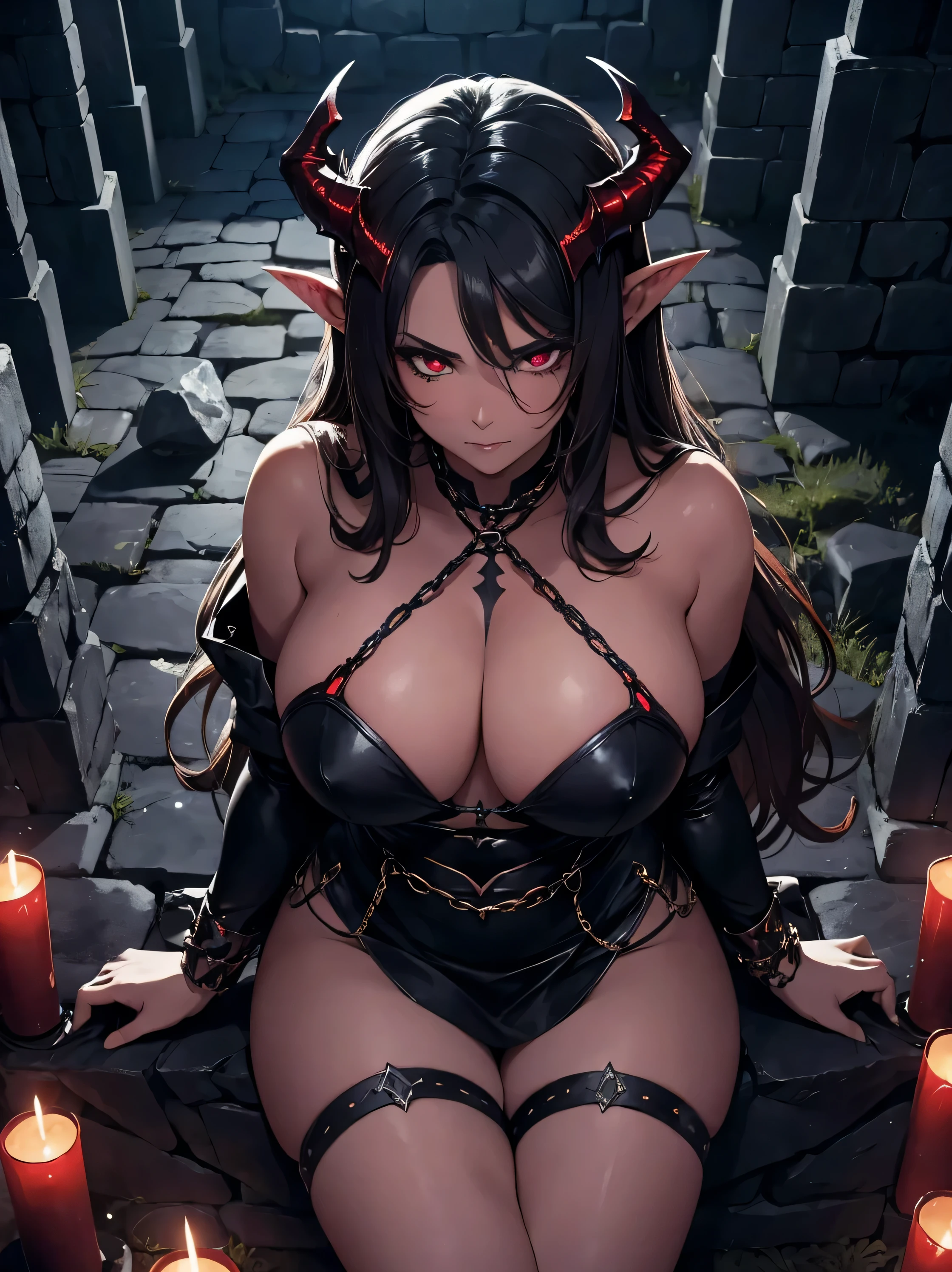 Fantasy, night, 4k, high detailed, Cinematic scene and lighting, a voluptuous succubus with horns and curvy body, She is tied to a stone altar, bound hand and foot with heavy iron chains, unable to move, heavy Iron chains, fearful look, angst, red eyes, shot from above