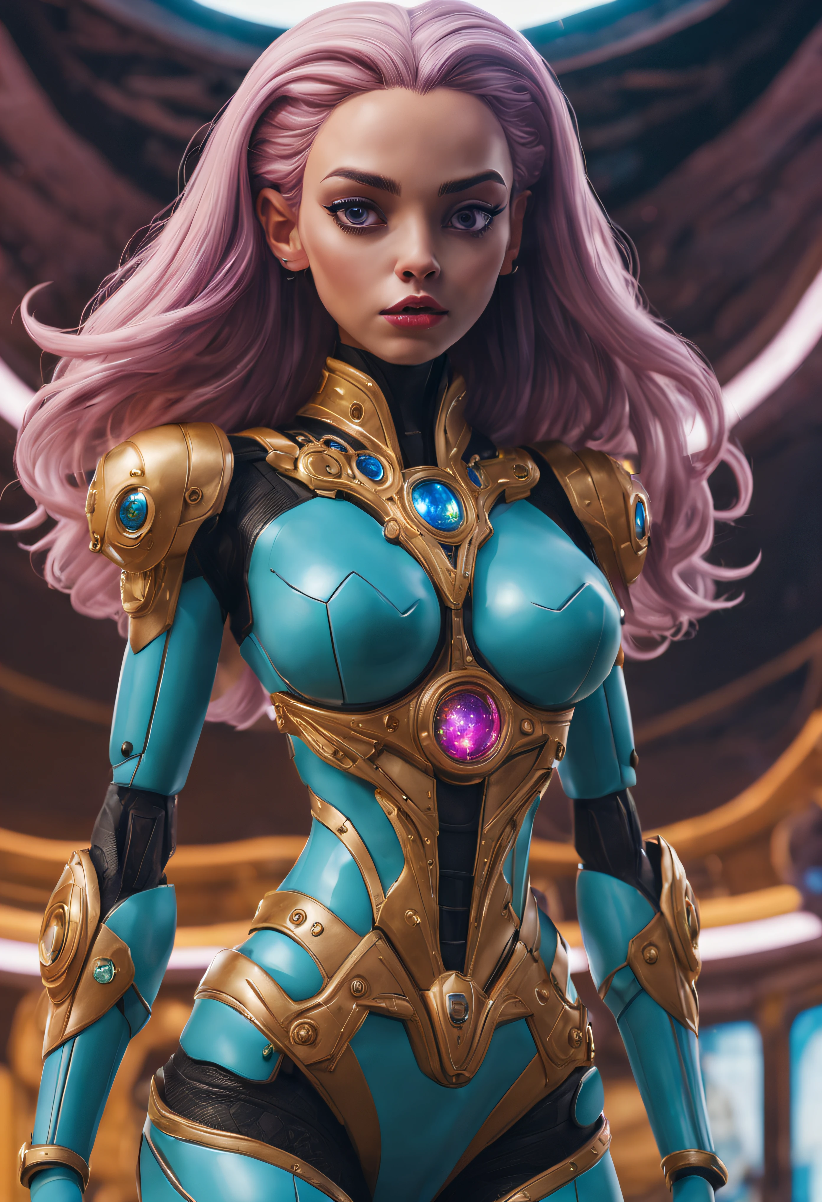 (cuerpo completo), extraterrestrial alien female similar to Lihö-Minaa princess of the people of the planet mül from Valerian and the city of a thousand planets ,vestida de traje de noche corto, engarzado con oro refulgente, priedras preciosas de colores y diamantes, (se encuentra en centro de control de estacion espacial),detalles intrincados de la maquina de alta calidad), estilo cinematografico, nitidez absoluta, imagen 8k.(obra maestra).fondos de pantalla, ultra detallado.