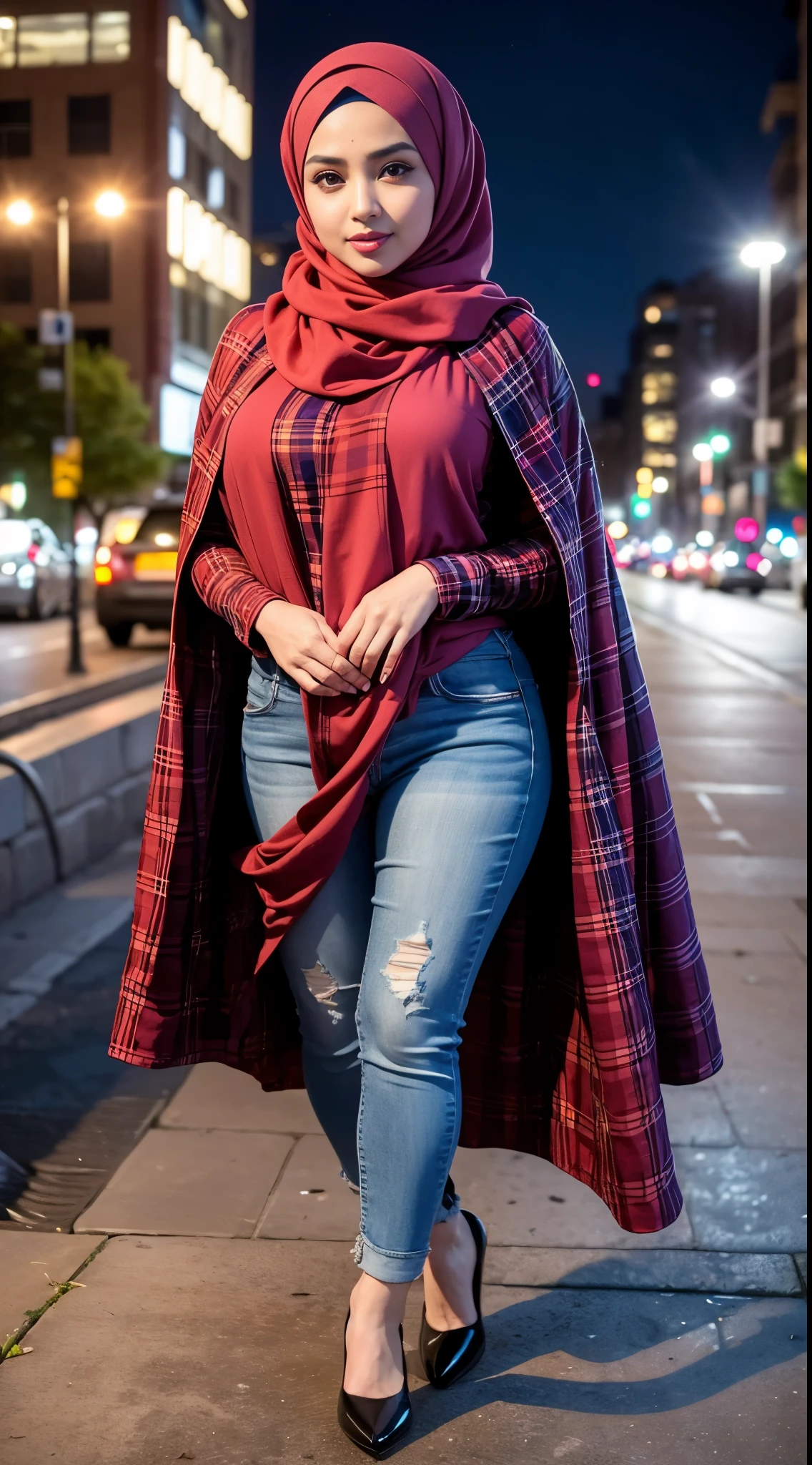 RAW, Best quality, high resolution, masterpiece: 1.3), beautiful Malay woman in hijab, Masterpiece, perfect body, Big breasts, thick thighs, beautiful big eyes, mole under the eyes, long eyelashes, big eyes, Soft smile, woman in a pink hijab and jeans stands in a city garden, detailed picture, tartan garment, h 576, long tunic, h 7 0 4, hijab, islamic, e621, doruk erdem, femme, tunic, women full body, checkered motiffs, modern casual clothing, chequered cape, full body picture, illustrious clothes Soft turtleneck, evening walk, City park, Great lighting, Bright colors, Clean lines