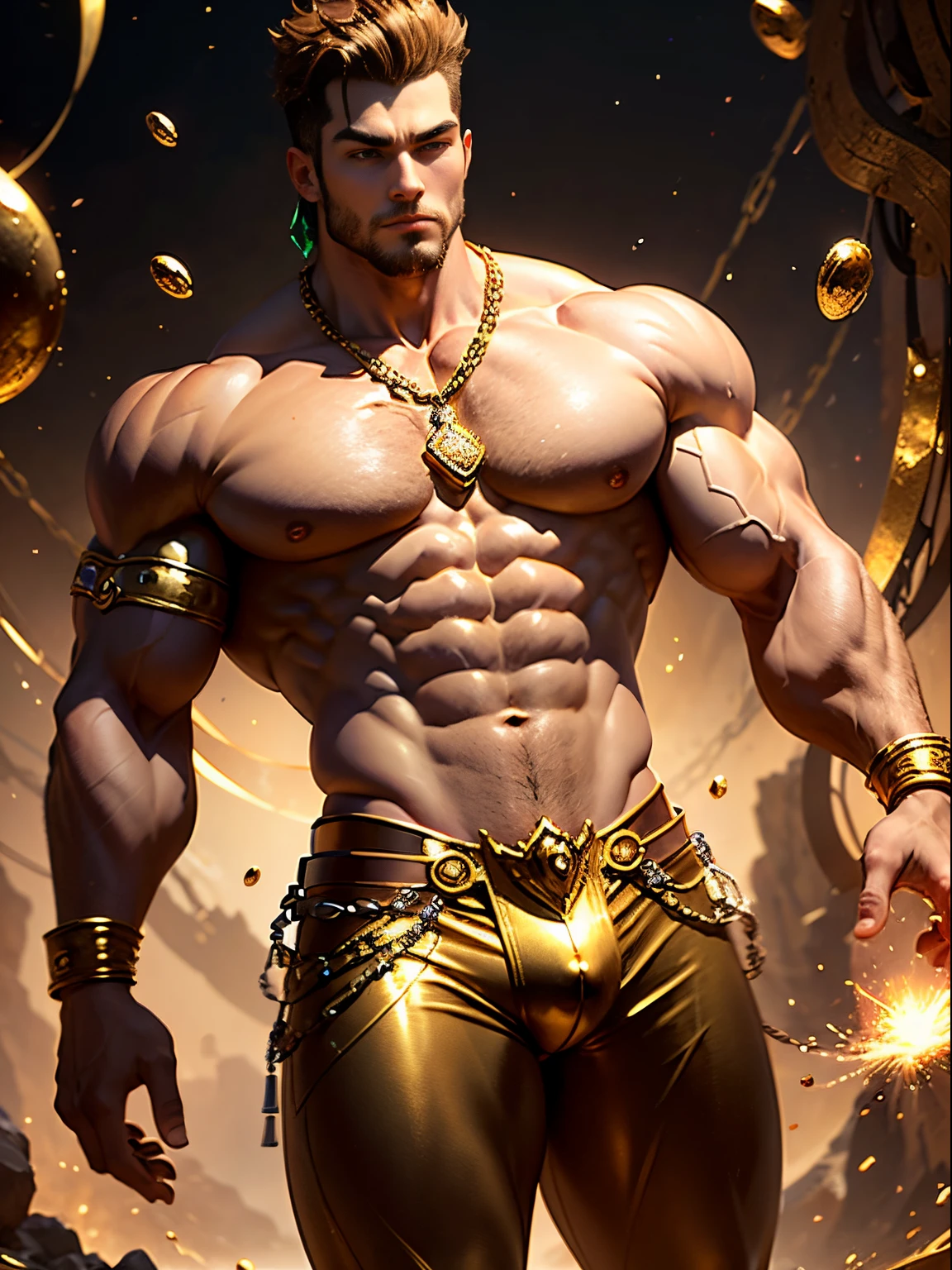 muscular man wearing beautiful golden amulet with chains, man with golden hoopoe wearing nothing with bulge, futa contour, details in the bulge, manly man, handsome man floating with golden particles, all made of gold with emerald faceted in the middle