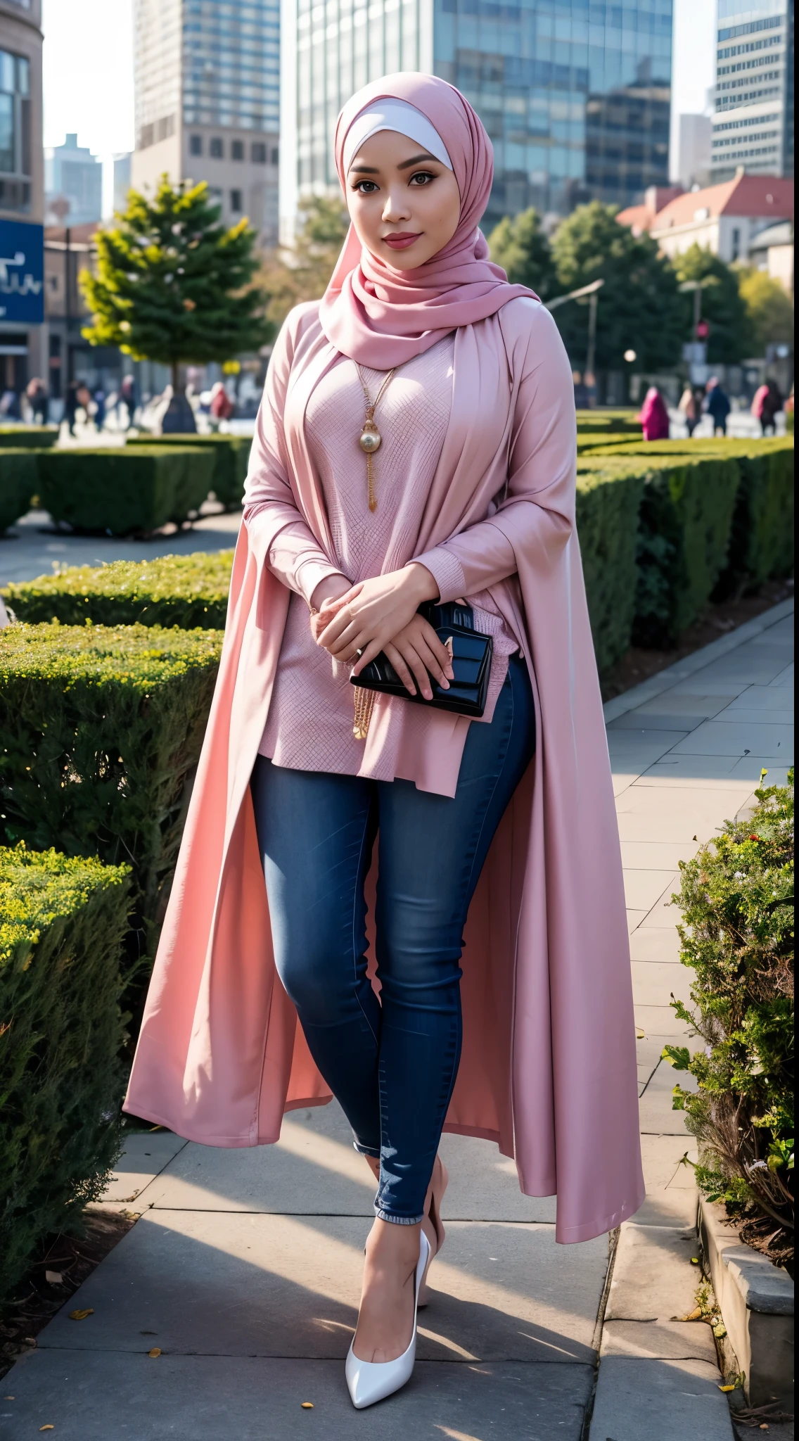 RAW, Best quality, high resolution, masterpiece: 1.3), beautiful Malay woman in hijab, Masterpiece, perfect body, Big breasts, thick thighs, beautiful big eyes, mole under the eyes, long eyelashes, big eyes, Soft smile, woman in a pink hijab and jeans stands in a city garden, detailed picture, tartan garment, h 576, long tunic, h 7 0 4, hijab, islamic, e621, doruk erdem, femme, tunic, women full body, checkered motiffs, modern casual clothing, chequered cape, full body picture, illustrious clothes Soft turtleneck, evening walk, City park, Great lighting, Bright colors, Clean lines