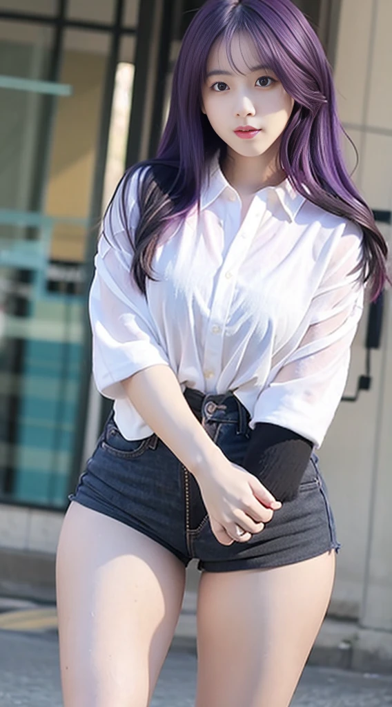photorealistic, high resolution, 1 girl, purple hair, korean, blue eyes, white shirt, skimpy tight black shorts, thick thighs