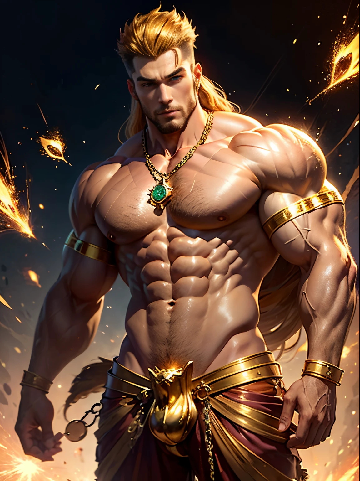 muscular man wearing beautiful golden amulet with chains, man with golden hoopoe wearing nothing with bulge, futa contour, details in the bulge, manly man, handsome man floating with golden particles, all made of gold with emerald faceted in the middle