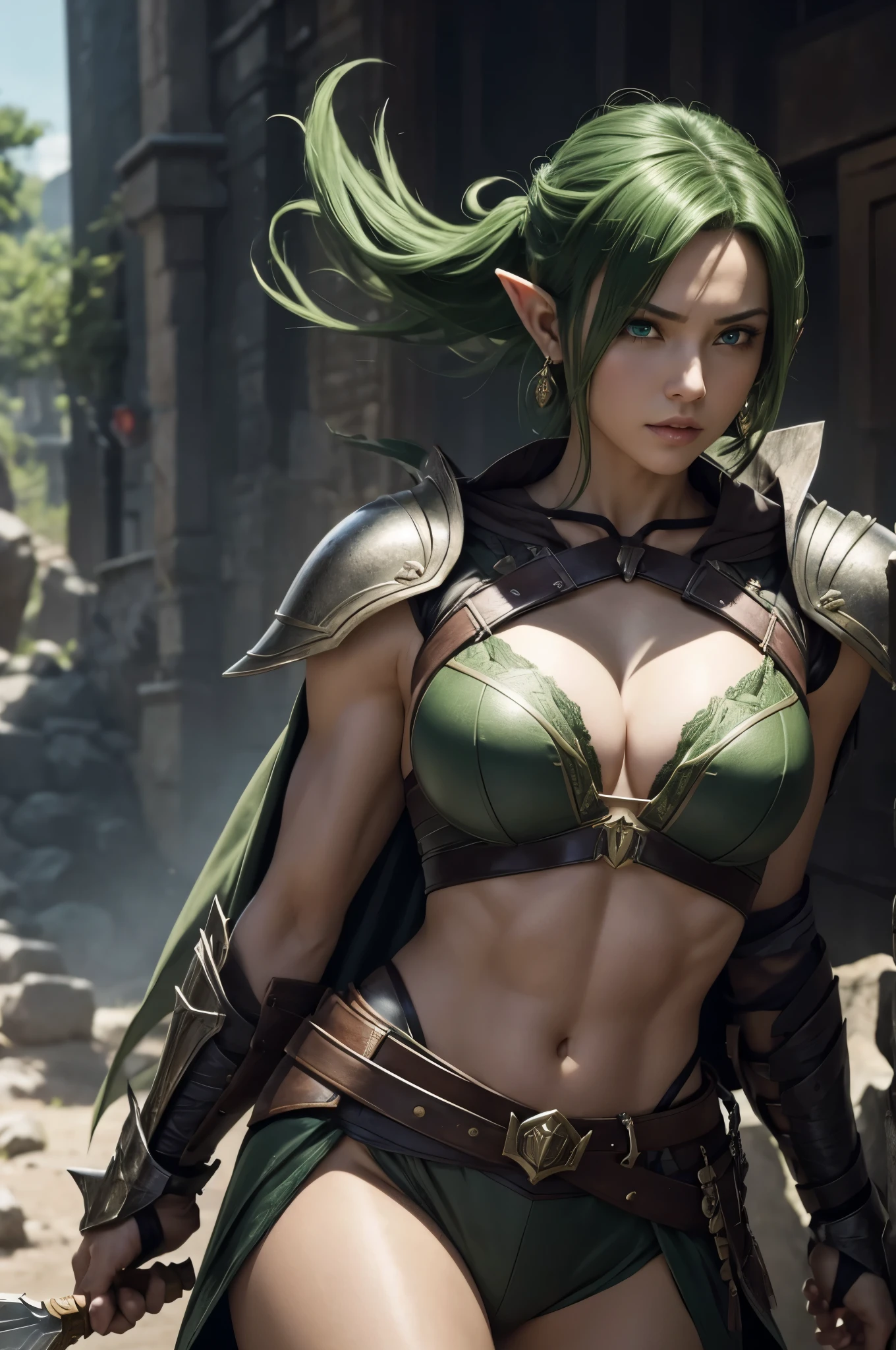 8K,(masutepiece, Best Quality) Lelianada, mature woman in her 30s, Solo,Super beauty(Like the real thing) large full breasts リアルな肌,Looking at Viewer, Short hair, green mohawk hair, cleavage, Jewelry,  large full breasts,Upper body, whole body,arma,earrings,armor,Hair over one eye,Green eyes,long elf ears,shoulder armor,Realistic,arrow\(projectile\), Shoulder pads, arrow筒.超A high resolution,Masterpiece,A hyper-realistic,Fantasyart,curacter art,cinestill 800,alluring glance,A sexy,a closeup,combat scene,action scene,actionpose,Rugged look,Glaring at the viewer,A sexyな衣装,Slender and muscular body,Split abs,long thin muscular legs,Background with,