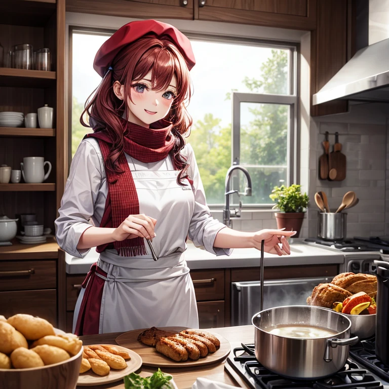 1girl in, Solo, kitchens、cooking western food、maroon hair, Curly hair, poneyTail、hat、Cook clothes、red scarf、Invincible smile、 Standing, a closeup、Highest quality image quality、8K、An ultra-high picture quality、