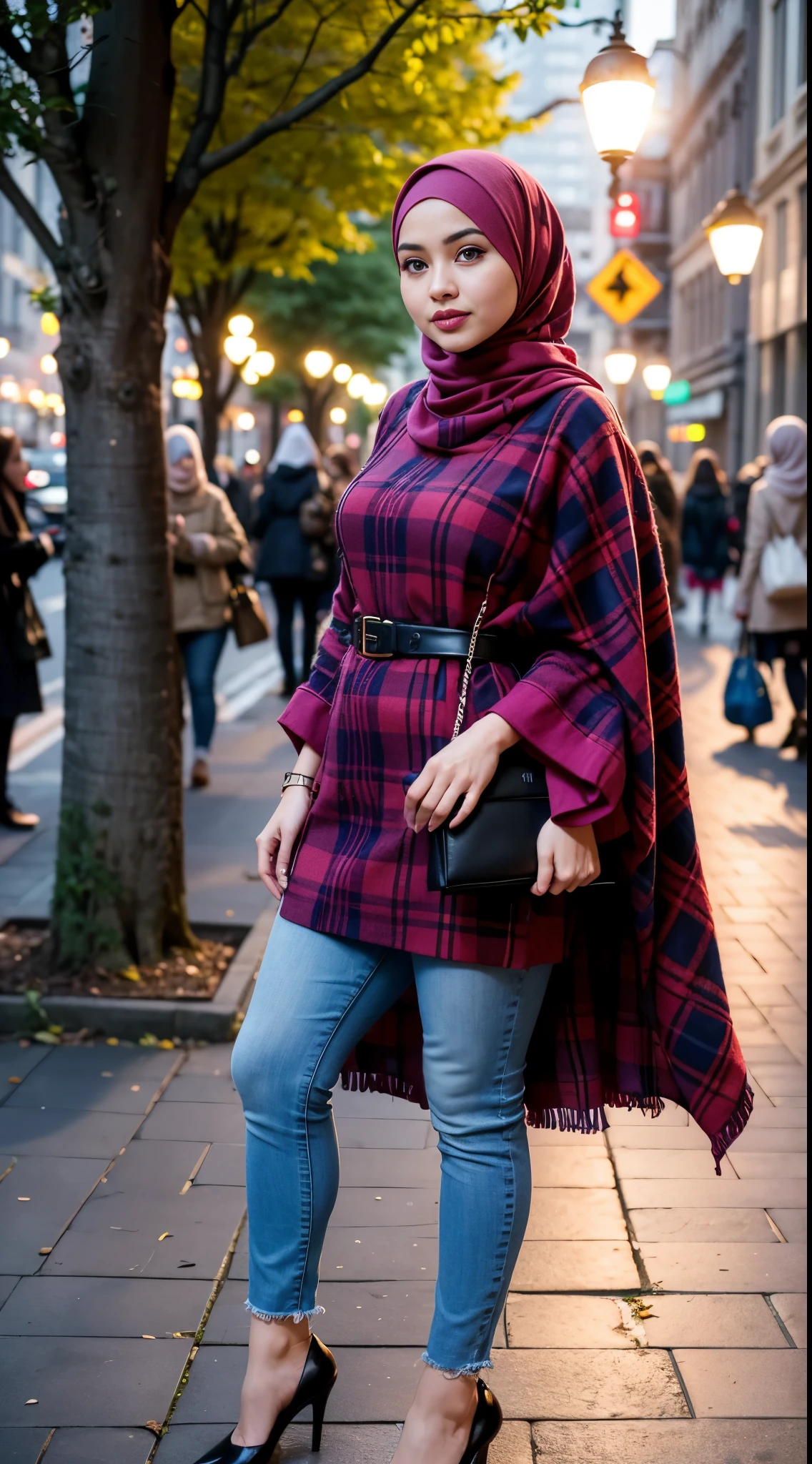 RAW, Best quality, high resolution, masterpiece: 1.3), beautiful Malay woman in hijab, Masterpiece, perfect body, Big breasts, thick thighs, beautiful big eyes, mole under the eyes, long eyelashes, big eyes, Soft smile, woman in a pink hijab and jeans stands in a city garden, detailed picture, tartan garment, h 576, long tunic, h 7 0 4, hijab, islamic, e621, doruk erdem, femme, tunic, women full body, checkered motiffs, modern casual clothing, chequered cape, full body picture, illustrious clothes  Soft turtleneck, evening walk, City park, Great lighting, Bright colors, Clean lines