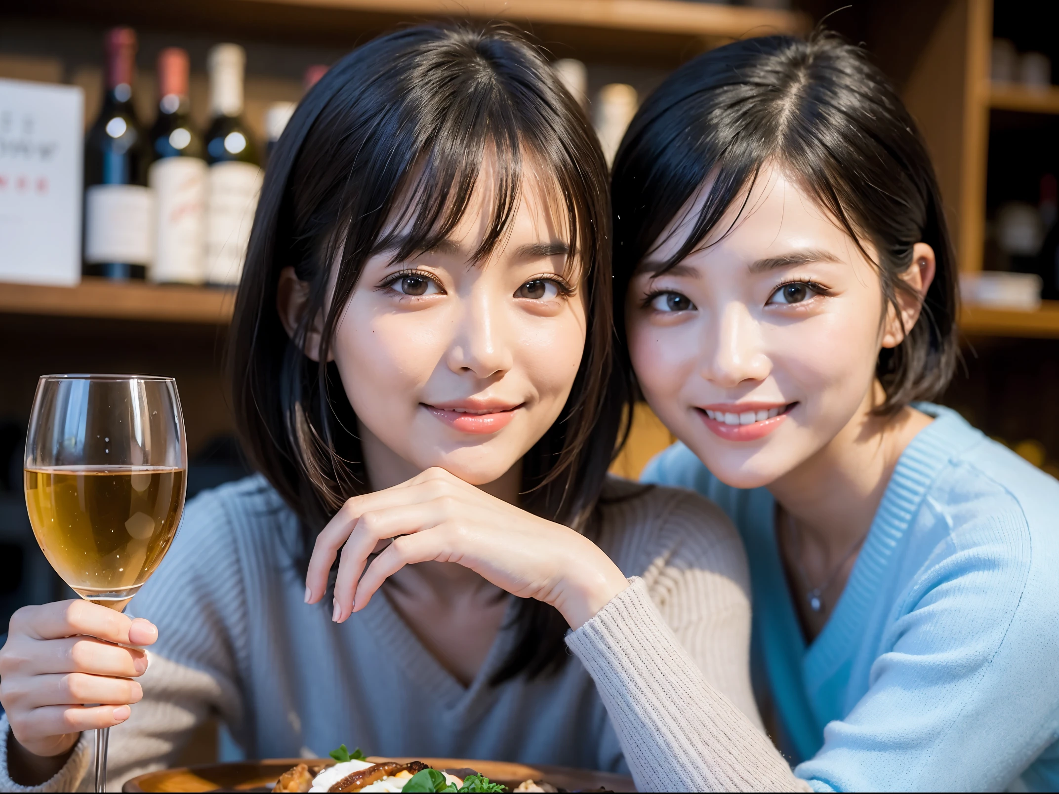 (64k uhd、nffsw、top-quality、​masterpiece:1.2)、(realisitic、Photorealsitic:1.37)、ultra-detailliert、ssmile、Extraordinary Beauty、Happy、Party、lucky、wine glasses、enjoying a glass of wine、a matural female、Two beautiful women、(Slimedな顔)、(Slimedなボティ)、（brawn hair）、(short-cut)、Latino、smiling french woman、happy italian girl、British woman、Americana、blush a little on the cheeks、(38 years)、42 year old、red wine、窓の外には美しく緻密なnatta景が広がります........、resturant、wine glassesは目立つ場所に、natta、(from waist up)、sitting on、date、(A smile:1.15)、Beautiful detailed eyes、Cashmere sweater、long-sleeved dresses、japanes、(short-hair:1.2)、Float NovaFrogStyle、、modeled、from waist up、white wine、Slimed、wine glasses、超きれいなnatta景、wine glassesは真ん中に置いて、Happy smile、(8K、Raw photography、top-quality、​masterpiece:1.2)、(realisitic、Photorealsitic:1.37)、ultra-detailliert、超A high resolution、2 females、see the beholder、beautifull detailed face、A smile、Constriction、(細いSlimedなウェスト) :1.3)、knit shirt、Beautiful detailed skin、Skin Texture、floated hair、professional light needle breast、eyes gentle