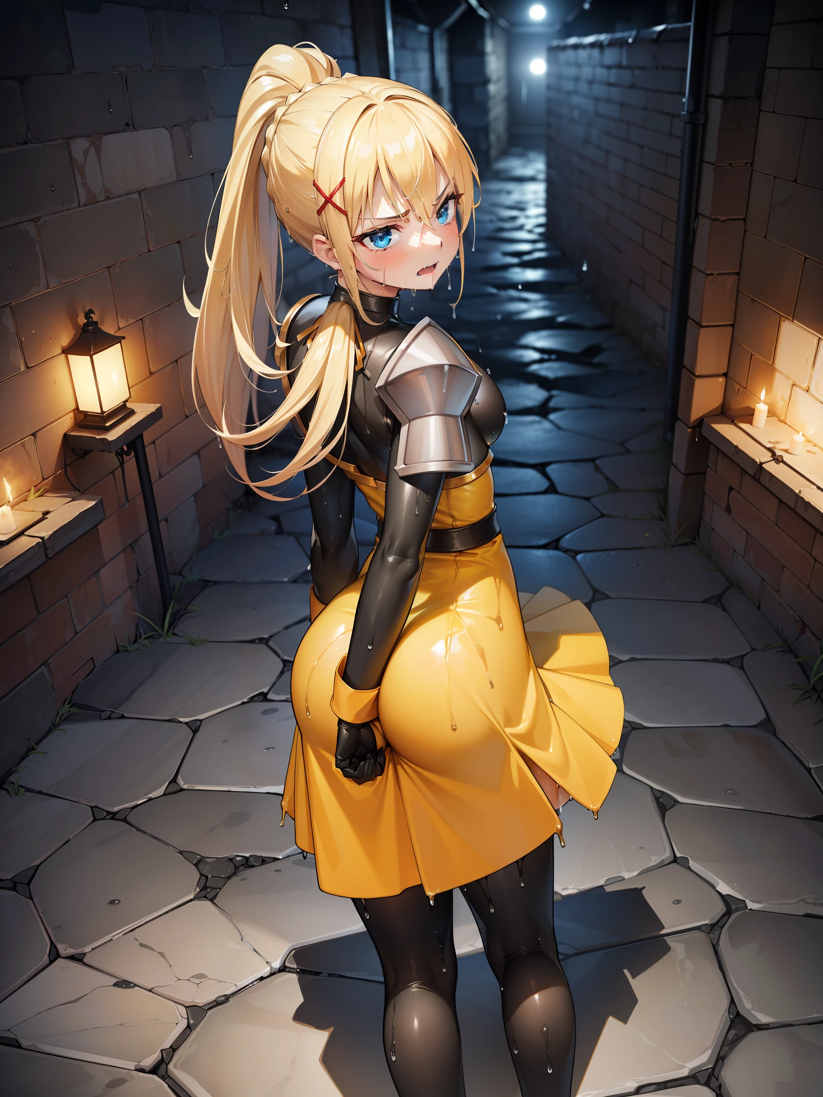 (in 8K, Raw photography, Best Quality, masutepiece: 1.2), high-definition RAW color photography, Professional Photography, Cinematic Light, (animesque: 1.2), a blond, ((ksdarkness, ponytail, x hair ornament, armor, shoulder armor, bodysuit, black gloves, Yellow dress, Black long skirt)), (Sharp face), (Detailed facial expressions), slenderbody, (FULL BODYSHOT:1.2), (High Detail Skin: 1.2), Angry, (Wet:1.5), buttocks are turned, (Underground Dungeon:1.2), Highly detailed facial and skin texture, A detailed eye, sideways glance, Spread your buttocks with your hands, Hands on the buttocks, Camel toe，from behind, Looking back, Insertion of transparent objects into the vagina,