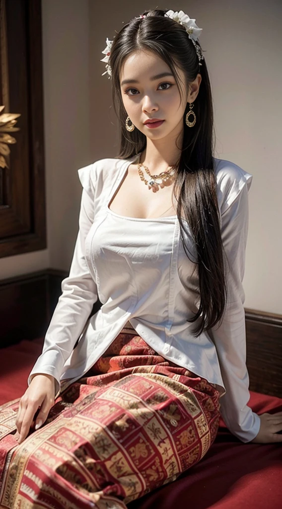 , (Realistic:1.3), insane details, quality, (master-piece:1.2), (ภาพRealistic:1.2), (qualityที่ดีที่สุด), (Detailed skin:1.3), (intricate detailed), ray tracing, ((Full body)), ((1woman)), (((1man))), 18-20 years old, ((long-haired, Very long., ปล่อยlong-haired)), smile, Red tank top, white coat red skirt with pattern, Contrasting colors with dresses and skirts, skirt pattern, earrings, necklace, Javanese jewelry, (blurred background), breast cleavage, huge breast,, Beautiful breast, Big breast augmentation, elongated legs, Fair-skinned, attractive, (((stand))), on the crate,