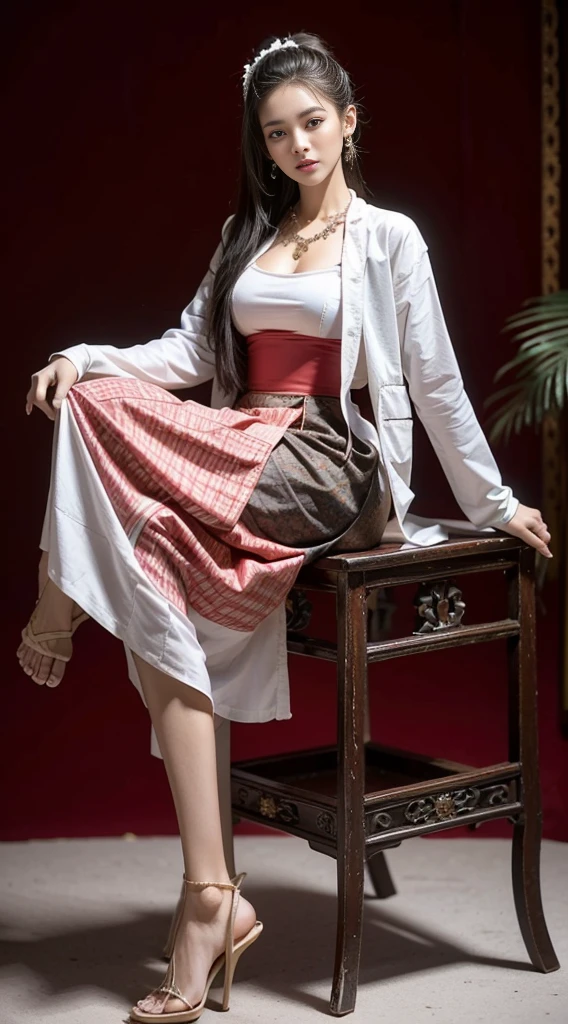 , (Realistic:1.3), insane details, quality, (master-piece:1.2), (ภาพRealistic:1.2), (qualityที่ดีที่สุด), (Detailed skin:1.3), (intricate detailed), ray tracing, ((Full body)), ((1woman)), (((1man))), 18-20 years old, ((long-haired, Very long., ปล่อยlong-haired)), smile, Red tank top, white coat red skirt with pattern, Contrasting colors with dresses and skirts, skirt pattern, earrings, necklace, Javanese jewelry, (blurred background), breast cleavage, huge breast,, Beautiful breast, Big breast augmentation, elongated legs, Fair-skinned, attractive, (((stand))), on the crate,