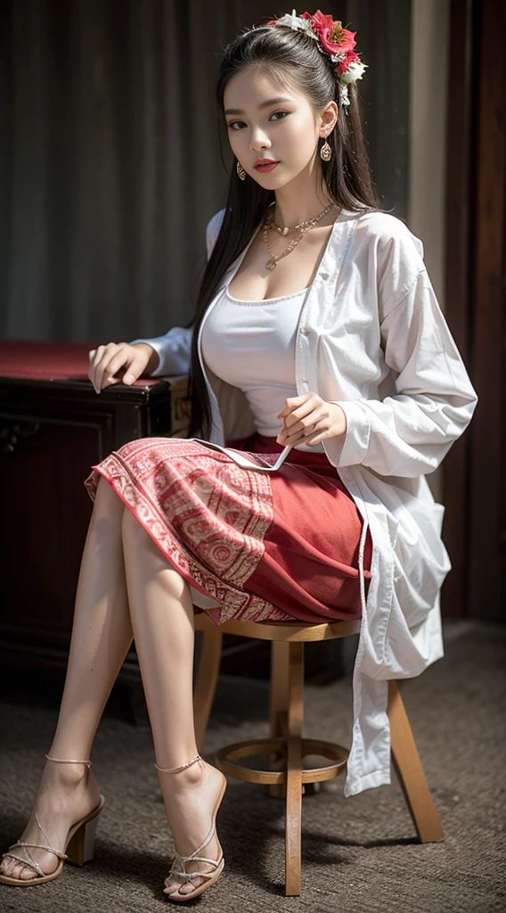 , (Realistic:1.3), insane details, quality, (master-piece:1.2), (ภาพRealistic:1.2), (qualityที่ดีที่สุด), (Detailed skin:1.3), (intricate detailed), ray tracing, ((Full body)), ((1woman)), (((1man))), 18-20 years old, ((long-haired, Very long., ปล่อยlong-haired)), smile, Red tank top, white coat red skirt with pattern, Contrasting colors with dresses and skirts, skirt pattern, earrings, necklace, Javanese jewelry, (blurred background), breast cleavage, huge breast,, Beautiful breast, Big breast augmentation, elongated legs, Fair-skinned, attractive, (((stand))), on the crate,