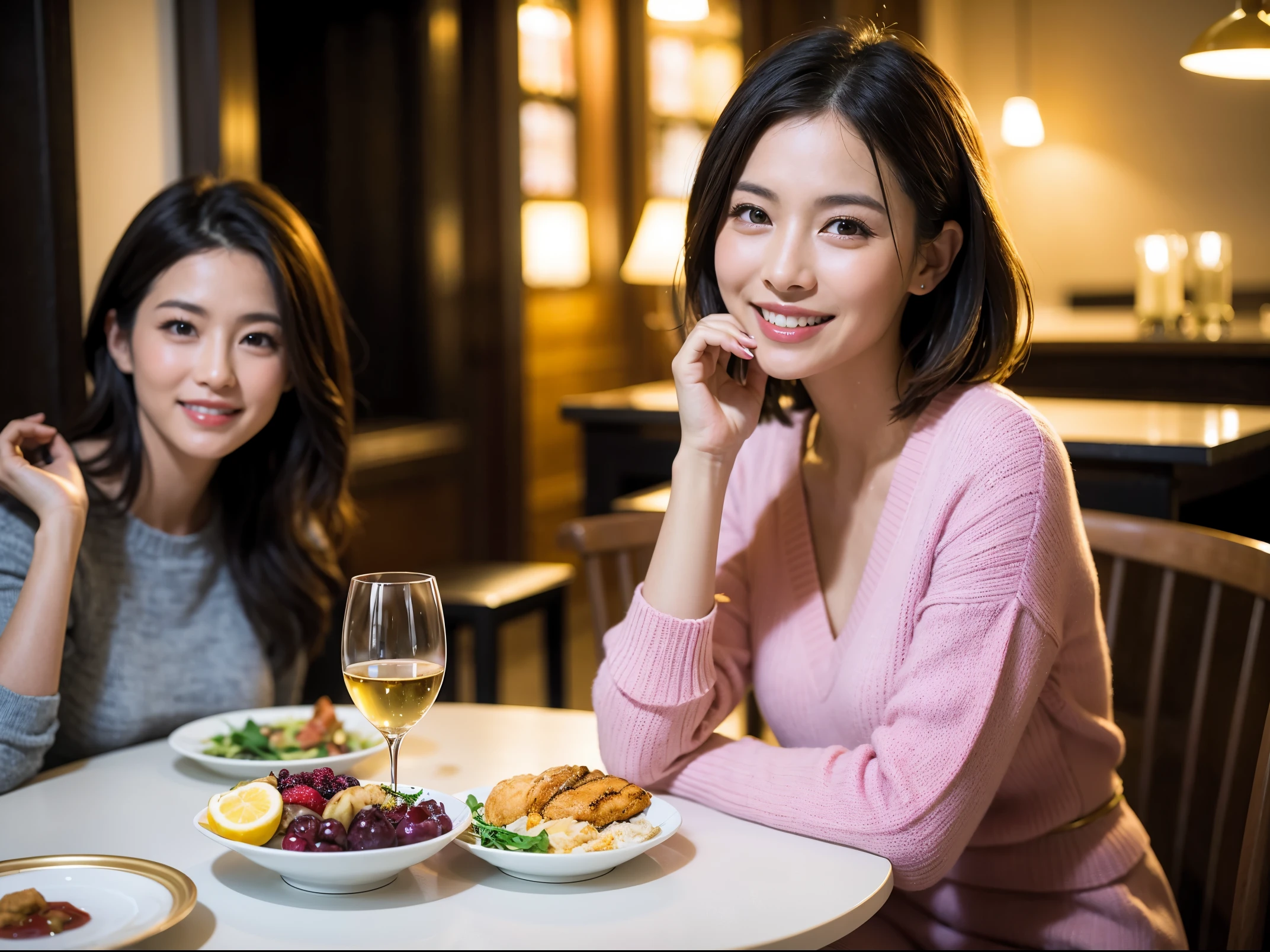 (64k uhd、nffsw、top-quality、masterpiece:1.2)、(realisitic、Photorealsitic:1.37)、ultra-detailliert、ssmile、Extraordinary Beauty、Happy、Party、lucky、wine glasses、enjoying a glass of wine、a matural female、Two beautiful women、(Slimedな顔)、(Slimedなボティ)、(brawn hair)、(short-cut)、Latino、smiling french woman、happy italian girl、British woman、Americana、blush a little on the cheeks、(38 years)、42 year old、red wine、窓の外には美しく緻密なnatta景が広がります........、resturant、wine glassesは目立つ場所に、natta、(from waist up)、sitting on、date、(A smile:1.15)、Beautiful detailed eyes、Cashmere sweater、long-sleeved dresses、japanes、(short-hair:1.2)、Float NovaFrogStyle、、modeled、from waist up、white wine、Slimed、wine glasses、超きれいなnatta景、wine glassesは真ん中に置いて、Happy smile、(8K、Raw photography、top-quality、masterpiece:1.2)、(realisitic、Photorealsitic:1.37)、ultra-detailliert、超A high resolution、2 females、see the beholder、beautifull detailed face、A smile、Constriction、(細いSlimedなウェスト) :1.3)、knit shirt、Beautiful detailed skin、Skin Texture、floated hair、professional light needle breast、eyes gentle