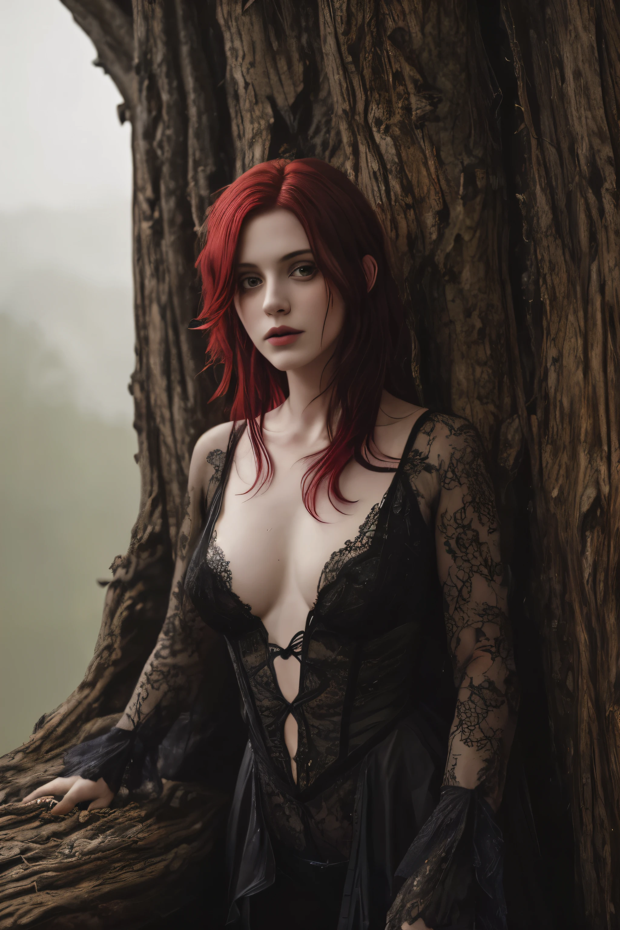 (realisti:1.2), Analog Photography Style, cute woman with short black and red multicolored hair, red eyes, (gloomy and dark atmosphere), soft natural lighting, Faded colors, Sexy, great quality, Masterpiece, Detailed fantasy backstory, Better Performance, 16k quality, HDR, RAW photo