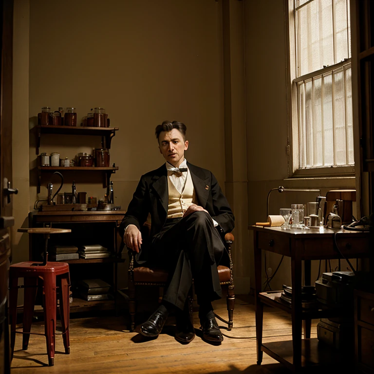 Nicolas tesla sitting in his laboratory