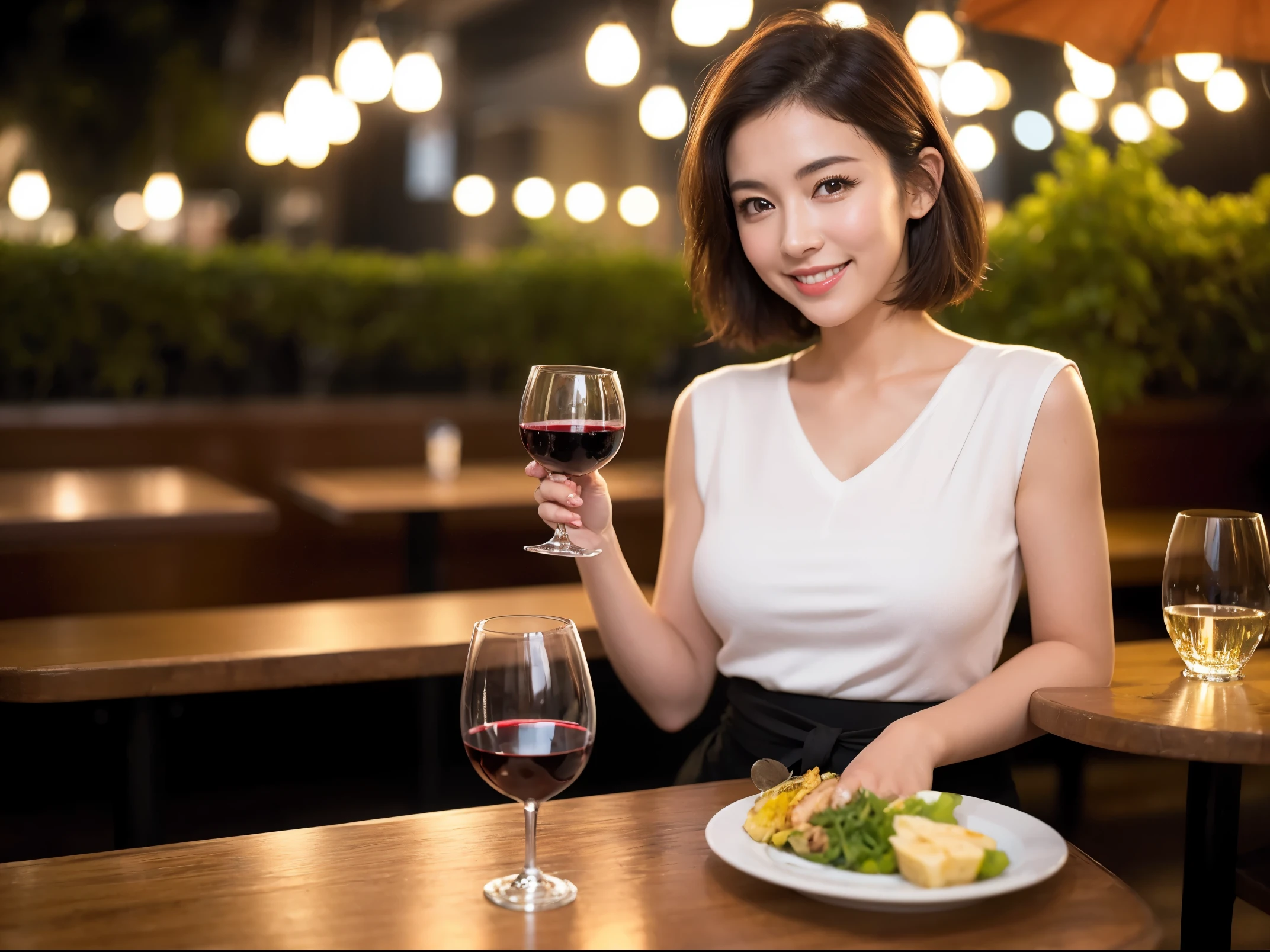(64k uhd, nffsw, of the highest quality, masutepiece: 1.2), (Realistic, Photorealistic: 1.37), Pretty Woman 1, (Slim Face), (slimボティ), (Brown hair), (short-cut), Americana、Frenchman、cheeks blush a little, (40 years old), 38 years, Solo, A beautiful and detailed night view spreads out outside the window....., restaurant, wine glassesに座って, At night, In a prominent place (from waist up) NovaFrogStyle, actress, Model, waist-up, white wine, slim, wine glasses, Super clean night view, 真ん中に置かれたwine glasses, Happy smile, (Smile: 1.15), Beautiful fine eyes, Upper body, Bust Japan Up, Night, Short, Short, actress, Model, waist-up, white wine, slim, wine glasses, Super clean night view, 真ん中に置かれたwine glasses, Happy smile,