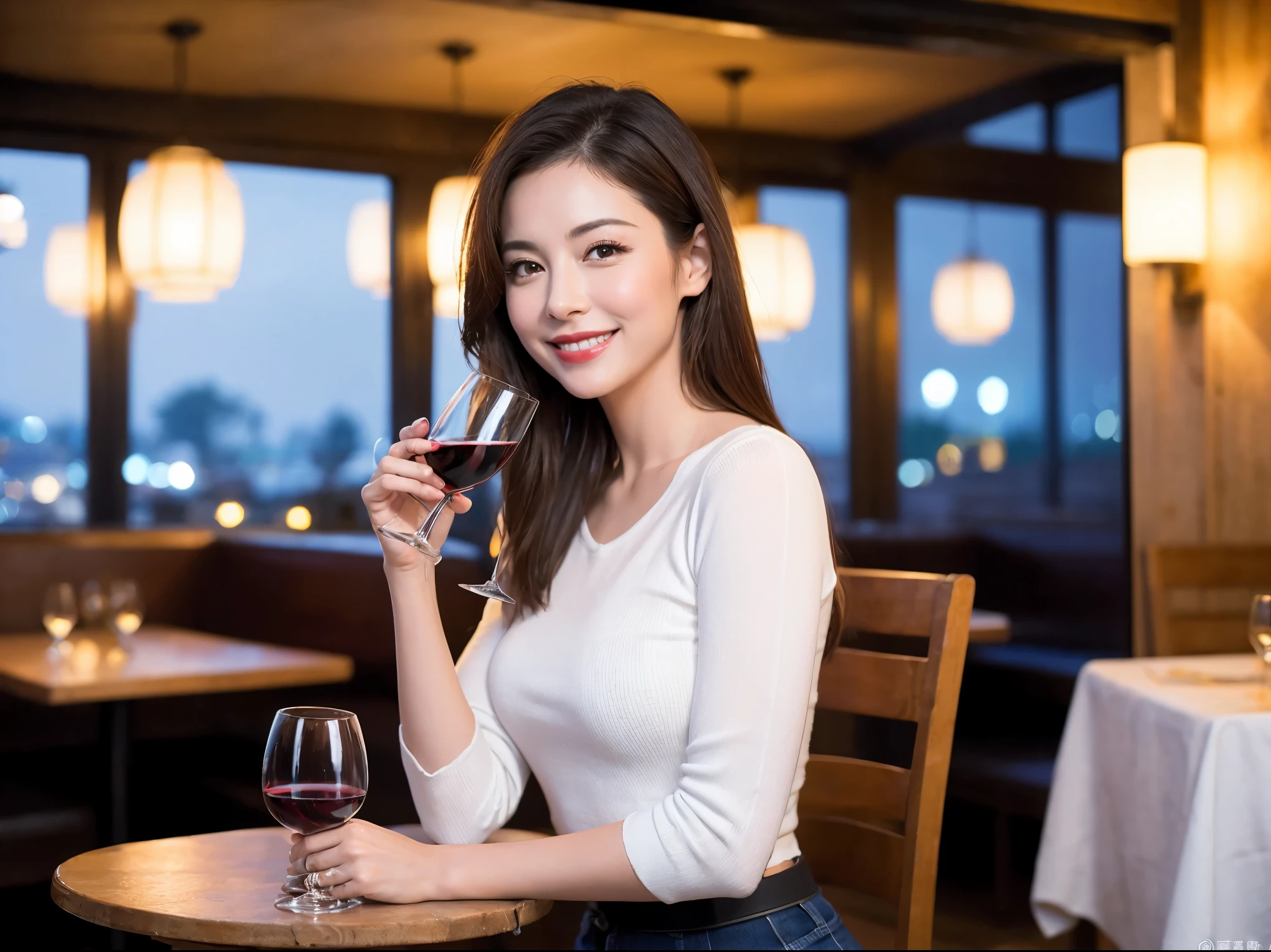 (64k uhd, nffsw, of the highest quality, masutepiece: 1.2), (Realistic, Photorealistic: 1.37), Pretty Woman 1, (Slim Face), (slimボティ), (Brown hair), (short-cut), Americana、Frenchman、cheeks blush a little, (40 years old), 38 years, Solo, A beautiful and detailed night view spreads out outside the window....., restaurant, wine glassesに座って, At night, In a prominent place (from waist up) NovaFrogStyle, actress, Model, waist-up, white wine, slim, wine glasses, Super clean night view, 真ん中に置かれたwine glasses, Happy smile, (Smile: 1.15), Beautiful fine eyes, Upper body, Bust Japan Up, Night, Short, Short, actress, Model, waist-up, white wine, slim, wine glasses, Super clean night view, 真ん中に置かれたwine glasses, Happy smile,