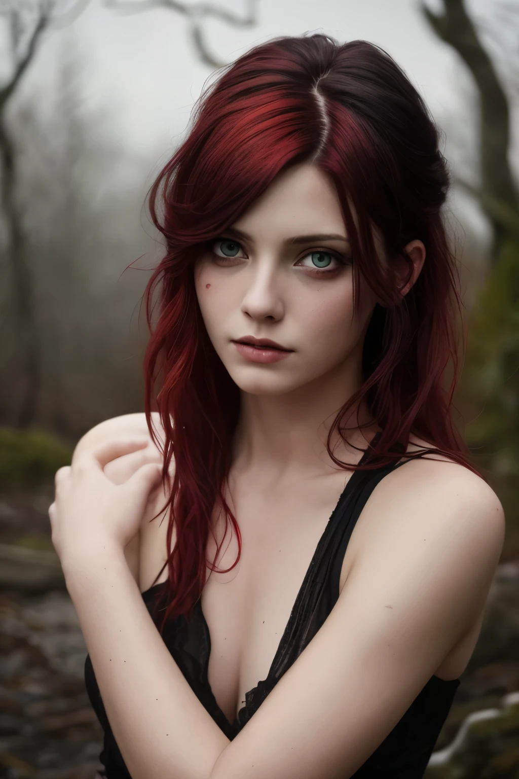(Realisttic:1.2), analog photo style, cute woman with short black-red multicolored hair, red eyes, (Gloomy and dark atmosphere), soft natural light, faded colours, sexy, great quality, Masterpiece, detailed fantasy background, better performance, 16k quality, HDR, RAW photo
