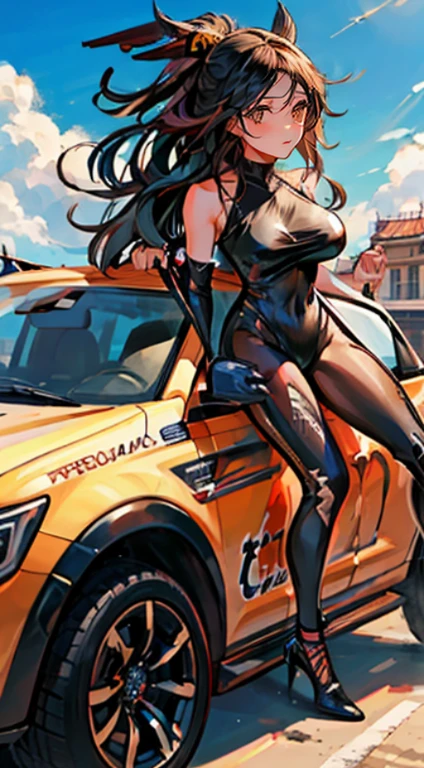 1girl, sorrir, carro, carro de corridaro, circuito, Fato de corrida, Bodysuit preto, luvas de dois tons,cabelos pretos, cabelos longos, olhos castanhos, seios grandes, pipas grandes, cintura fina,