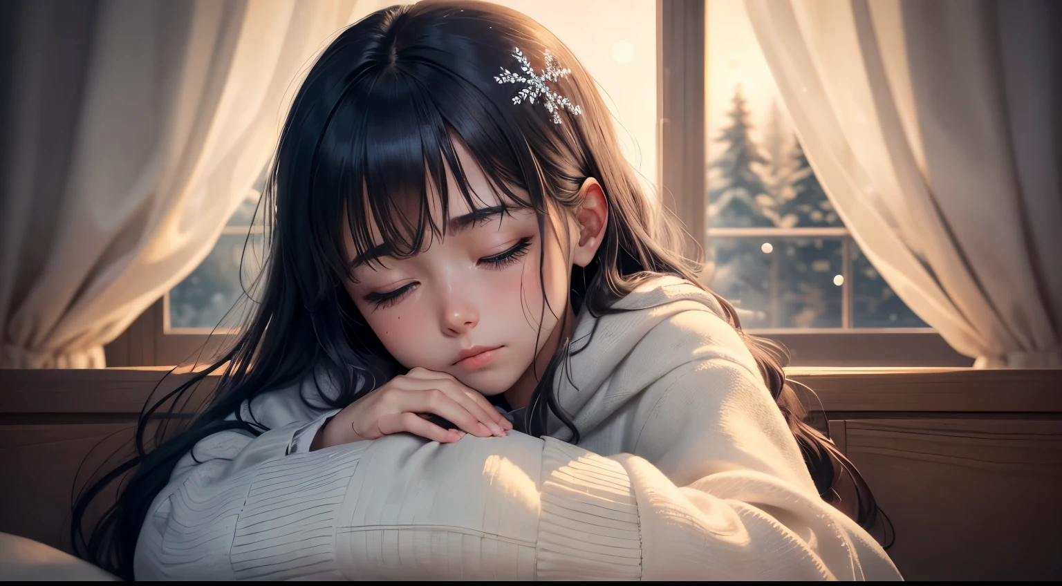 (best quality,highres,masterpiece:1.2),ultra-detailed,realistic,anime,portrait,beautiful detailed eyes,beautiful detailed lips

An anime girl,single person, is sleeping by the window,staring into the dark night sky. Her face is bathed in moonlight. The girl is nestled comfortably under a fluffy blanket,her eyes closed gently with longeyelashes. A single tear is rolling down her cheek,catching the faint moonlight as it falls. The tear represents her sadness, as she quietly weeps in her sleep. The window is framed by delicate curtains,and outside, snowflakes are gently falling, creating a serene and peaceful atmosphere. The room is decorated with soft, warm colors, providing a cozy and calm ambiance in contrast to the girl's tears. The scene showcases the delicate emotions and vulnerability of the anime girl, capturing the beauty of sadness and the transient moments of life.