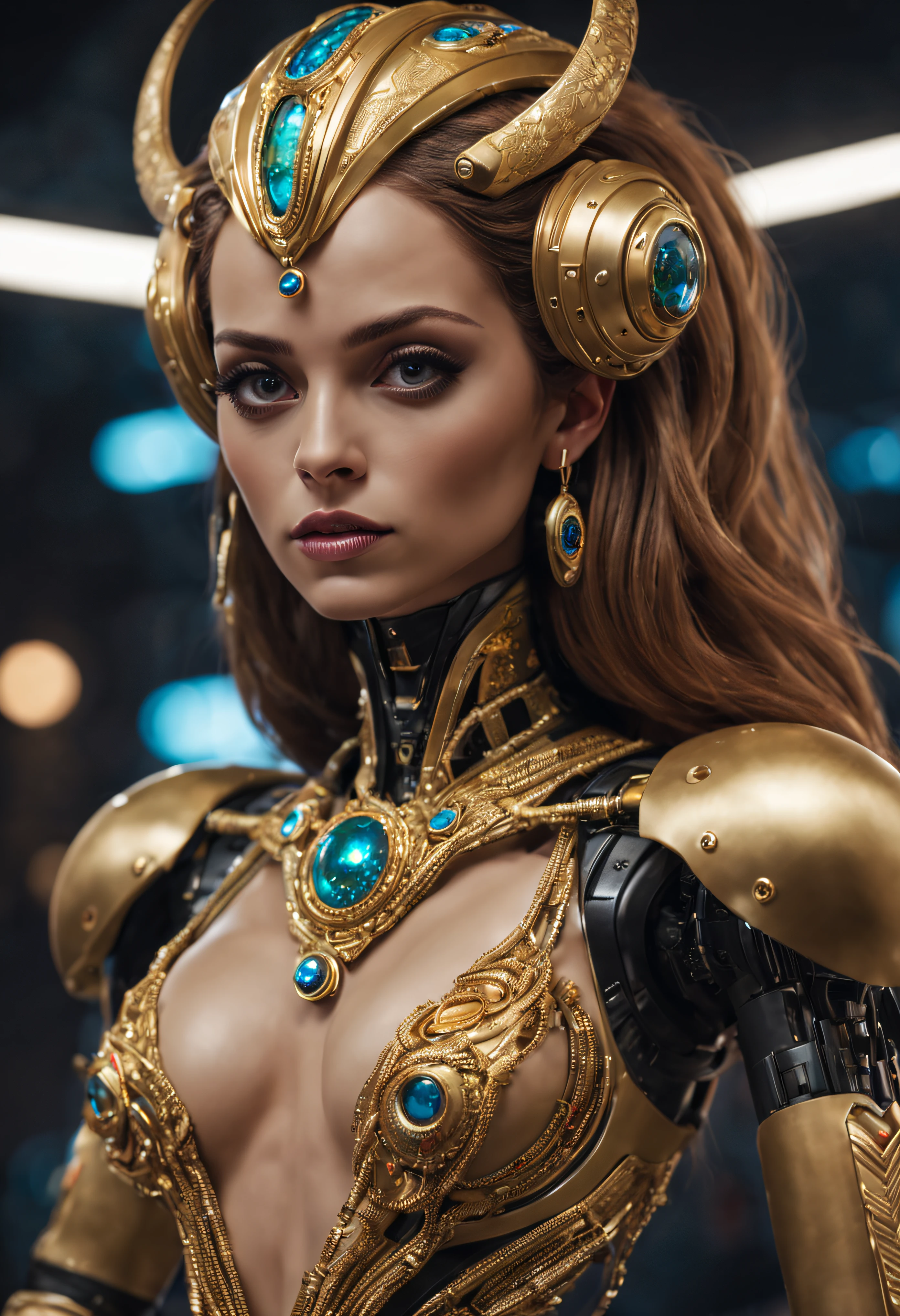 (cuerpo completo), extraterrestrial alien female similar to Lihö-Minaa princess of the people of the planet mül from Valerian and the city of a thousand planets ,vestida de traje de noche corto, engarzado con oro refulgente, priedras preciosas de colores y diamantes, (se encuentra en centro de control de estacion espacial),detalles intrincados de la maquina de alta calidad), estilo cinematografico, nitidez absoluta, imagen 8k.(obra maestra).fondos de pantalla, ultra detallado.