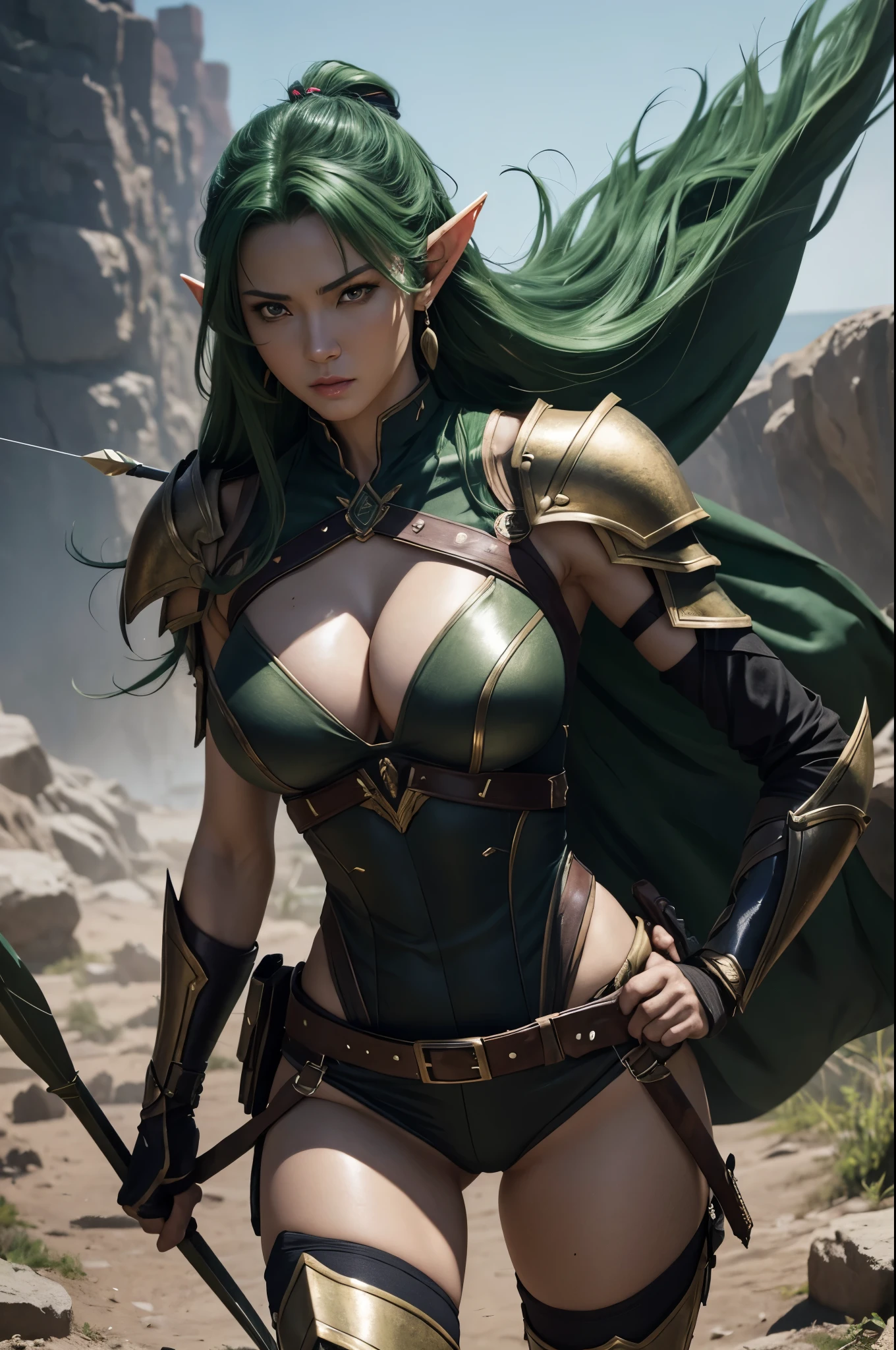 8K,(masutepiece, Best Quality) Lelianada, mature woman in her 30s, Solo,Super beauty(Like the real thing) large full breasts リアルな肌,Looking at Viewer, Short hair, green mohawk hair, cleavage, Jewelry, large full breasts,Upper body, whole body,arma,earrings,armor,Hair over one eye,Green eyes,long elf ears,shoulder armor,Realistic,arrow\(projectile\), Shoulder pads, arrow筒を背負う.超A high resolution,Masterpiece,A hyper-realistic,Fantasyart,curacter art,cinestill 800,alluring glance,A sexy,a closeup,combat scene,action scene,actionpose,Rugged look,Glaring at the viewer,A sexyな衣装,Slender and muscular body,Split abs,long thin muscular legs,