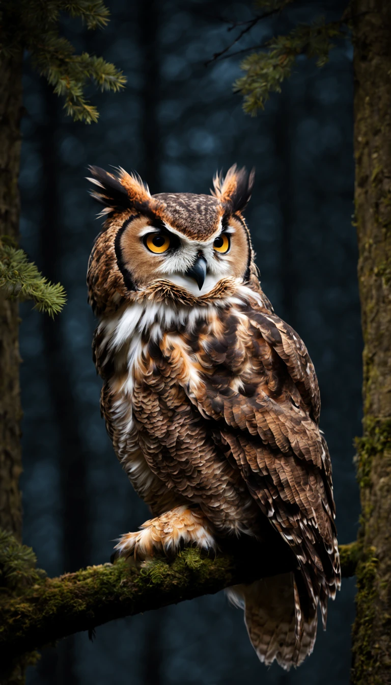 1horned owl, solo,cool,bird photo,in the night forest,(best quality:1.3),(masterpiece:1.2)