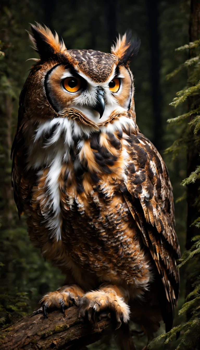 1horned owl, solo,cool,bird photo,in the night forest,(best quality:1.3),(masterpiece:1.2)