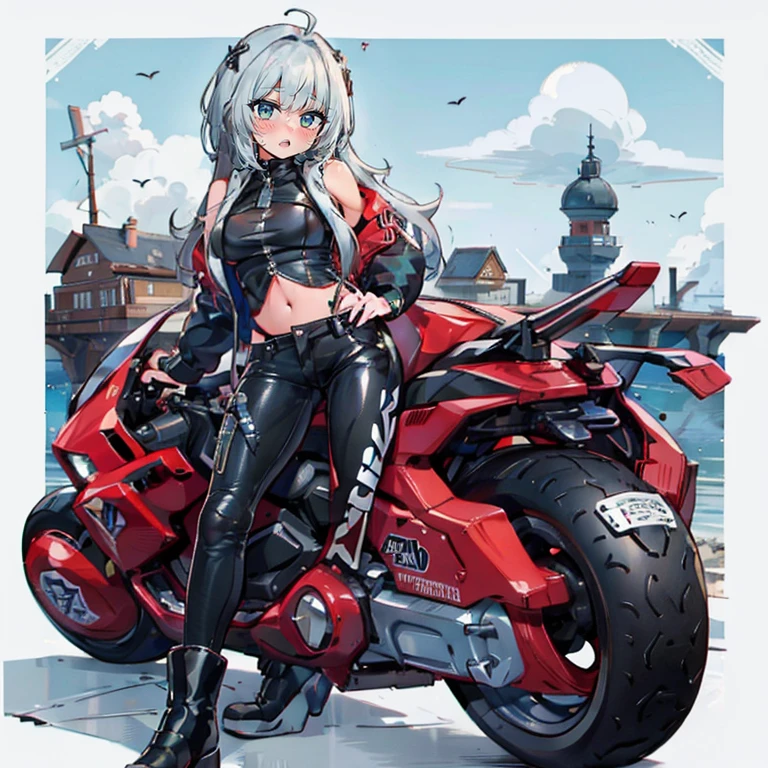 1 mulher, beautiful face, Legal vibes, cabelo branco na altura dos ombros, usar uma jaqueta de couro da motocicleta, black pants