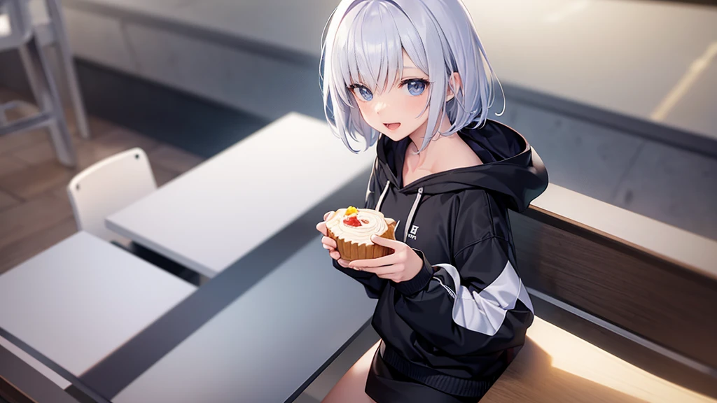 Ultra-high image quality,Look at viewers, hands behind back, girl with, 20 years old, Very short hair, long bangs between eyes, blue eyess,Black eyes, Hoodie, Skirt , Extremely detailed,(masterpiece、top-quality),White hair、A smile、Fantastical, Silver hair,, Hoodie, White hoodie,a black skirt,Hair is short,White jacket, Casual style,Open jacket, , look down from above、open open mouth、5 fingers、sit a chair、Dining at the café、eating cakes