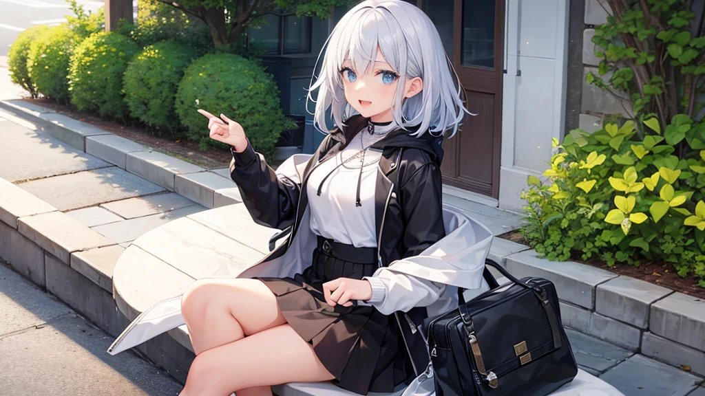 Ultra-high image quality,Look at viewers, hands behind back, girl with, 20 years old, Very short hair, long bangs between eyes, blue eyess,Black eyes, Hoodie, Skirt , Extremely detailed,(masterpiece、top-quality),White hair、A smile、Fantastical, Silver hair,, Hoodie, White hoodie,a black skirt,Hair is short,White jacket, Casual style,Open jacket, , look down from above、open open mouth、5 fingers、sit a chair、Dining at the café、eating cakes