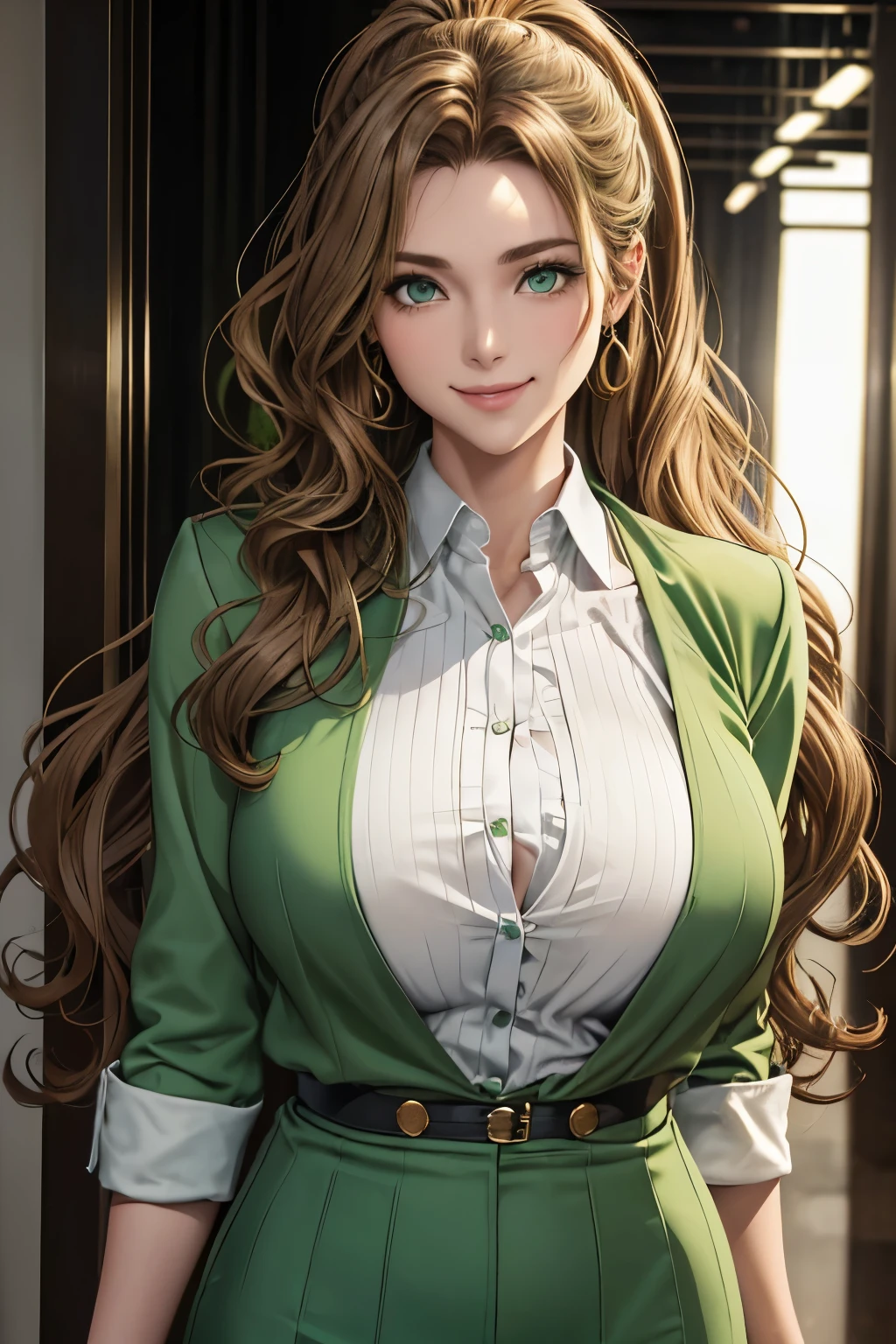 Female((30-years old)), hair((Wavy, Golden brown)), Eyes((smart Eyes, Green)), Clothes((New York Fashion Week, light Green)), Smiling, Breast Out, Ponytail, Accessories,
