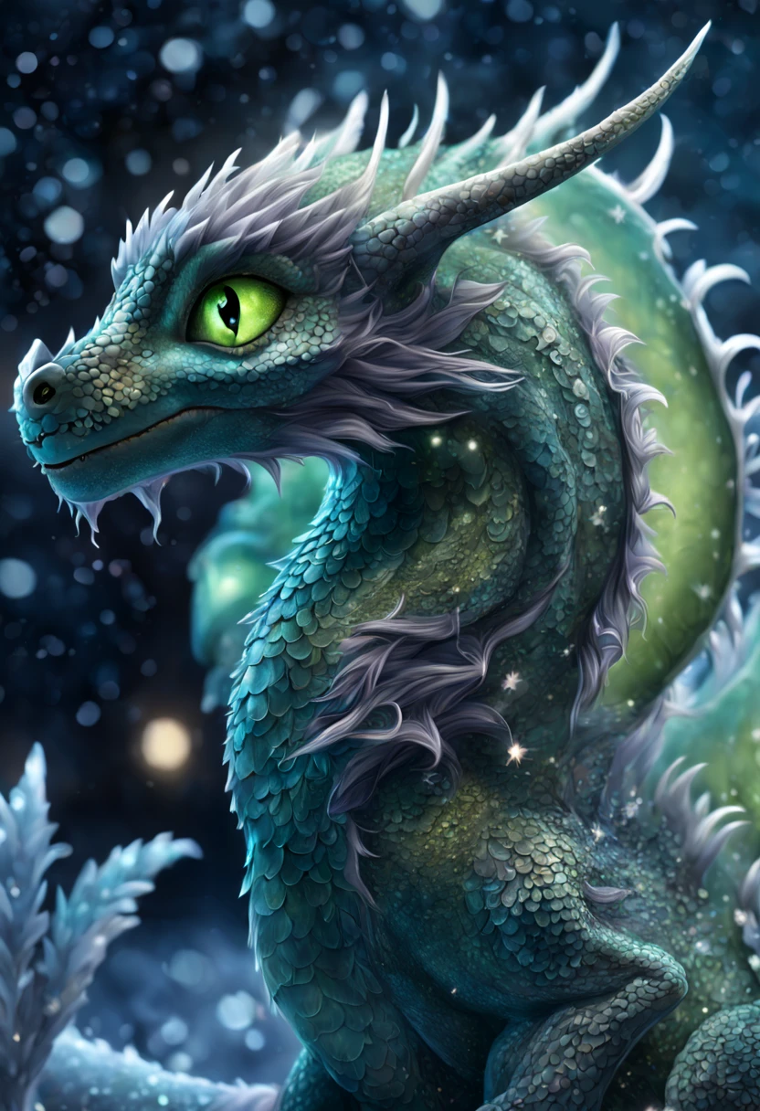 fluffy green dragon, big eyes , long eyelashes, Detailed fur, snowflakes, winter, Lights, Anime style, Cute, Cute and charming, glowing smoky eyes fantasy, soft light, light green-purple with glitter, Professional photo, is beautiful,......3d, Realistic, 8K, hight resolution, higly detailed, ...CGI, hyper realisitc, f/16, 1/The 300s, Highly detailed digital, close - up, Traced details