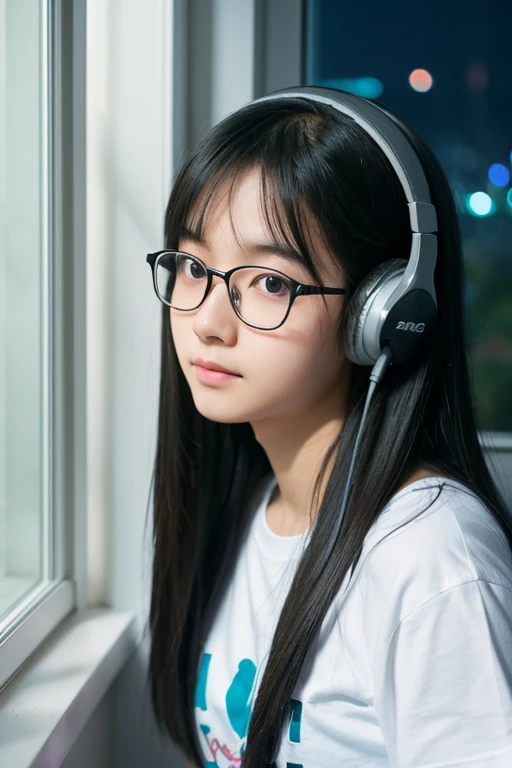 1 girl solo, top quality,super detailed,masterpiece,20 years old,black hair,long hair,high school student,glasses,thin eyes,thin face,serious,neat,own room,wearing headphones,studying programming,kawaii,studying by window,night view beyond window,white skin,T-shirt