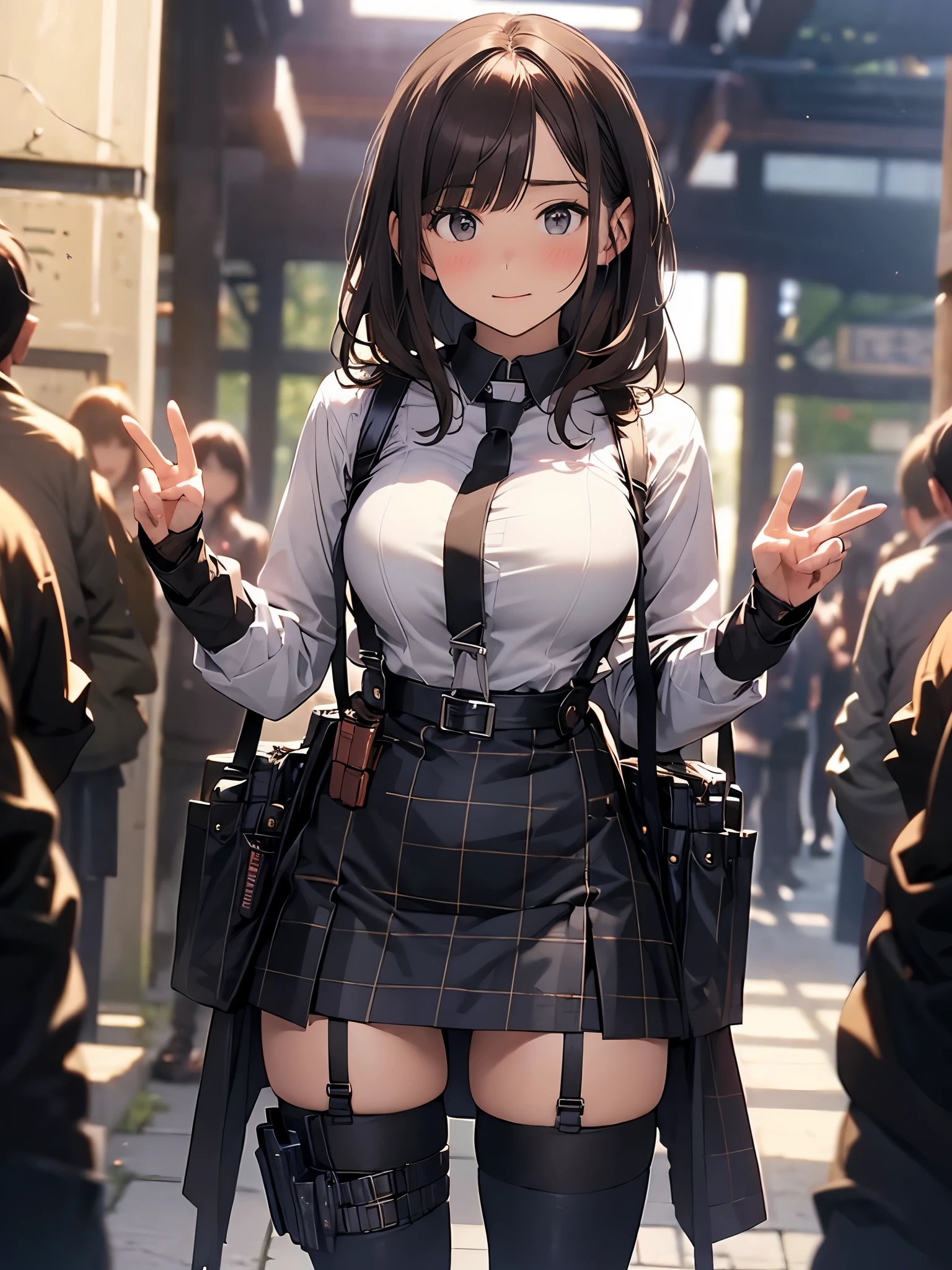 Brown hair、watching at viewers　　　black suspenders　　　Bulging big breasts　　 　 　　　walls: 　Black miniskirt　garters　　　　　　Gaze　　　Small face　bangss 　　　holster　　　Beautuful Women　　hands up　　レッグholster ベッドに横たわる　　Gaze 　black boots panty shot　provocation　flank　flank汗　soio 　arm