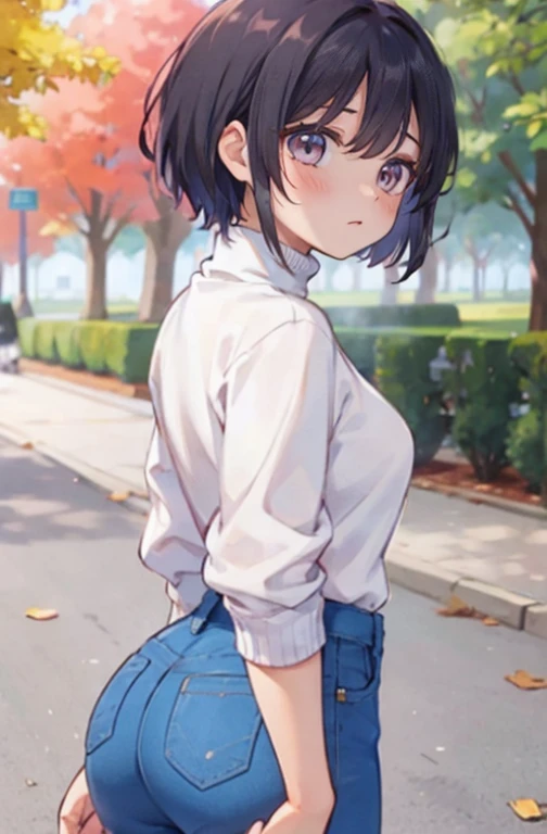 Juliaaburch, a woman wearing a turtleneck sweater and jeans in a park