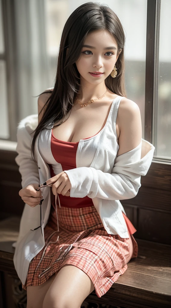 , (Realistic:1.3), insane details, quality, (master-piece:1.2), (ภาพRealistic:1.2), (qualityที่ดีที่สุด), (Detailed skin:1.3), (intricate detailed), ray tracing, ((Full body)), ((1woman)), (((1man))), 18-20 years old, ((long-haired, Very long., ปล่อยlong-haired)), smile, (((Red tank top, thin))),  (((white shoulder coat, thin))), (((red skirt with pattern, Contrasting colors with dresses and skirts, skirt pattern))), earrings, necklace, Javanese jewelry, (blurred background), breast cleavage, huge breast,, Beautiful breast, Big breast augmentation, elongated legs, Fair-skinned, attractive, stand, on the crate,