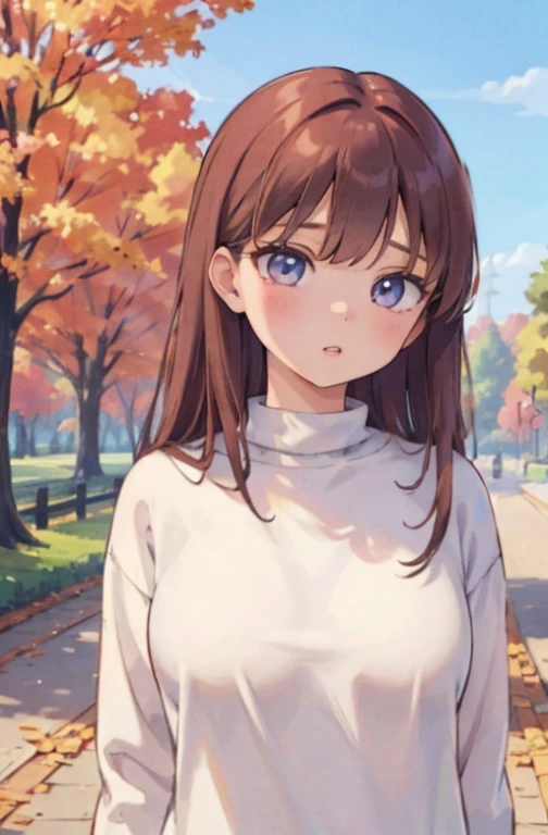 A girl in a high-neck sweater and jeans, standing in a park, surrounded by illustrations of trees and flowers. The girl has beautiful detailed eyes and lips, and her face is extremely detailed and expressive. She has long eyelashes and a serene expression, creating a peaceful atmosphere. The girl is the main focus of the artwork, capturing her elegant and confident posture as she enjoys the scenery. The park is bathed in soft and warm sunlight, creating a gentle and soothing atmosphere. The trees are filled with vibrant autumn colors, with leaves falling gracefully to the ground. The artwork is of the best quality, with ultra-detailed features and a realistic portrayal of the girl. The portraits of her exhibit vivid colors, emphasizing her unique personality. The illustrations of the trees and flowers showcase intricate details, adding depth and richness to the artwork. The color palette is dominated by warm autumn hues, creating a harmonious and cozy ambiance. The lighting in the park is soft and diffused, highlighting the girl's features and adding depth to the overall composition.